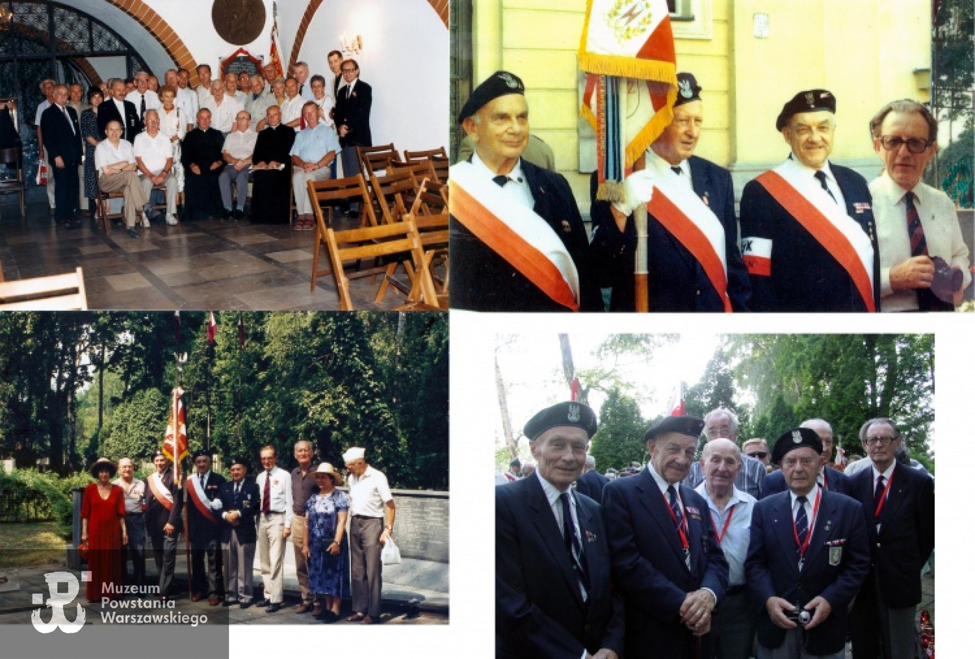 Więzi powstańcze żołnierzy 7 Pułku Ułanów Lubelskich AK kryptonim "Jeleń". 50 rocznica Powstania w 1994 r. Kolejno od lewej, na górze, przy tablicy ku czci poległych Pułku w podziemiach kościoła św. Karola Boromeusza / Fotomontaż zrobiony przez Dionizego Piotra Mazura (pierwszy od lewej), gdyż uważał, że  na zdjęciu Krzysztofa Głuchowskiego. Na dole ze sztandarem przy symbolicznej kwaterze poległych na cmentarzu na Powązkach. Z prawej na 65 rocznicę Powstania w 2009 r. przy symbolicznej kwaterze poległych na cmentarzu na Powązkach. Z archiwum rodzinnego Krzysztofa Głuchowskiego.