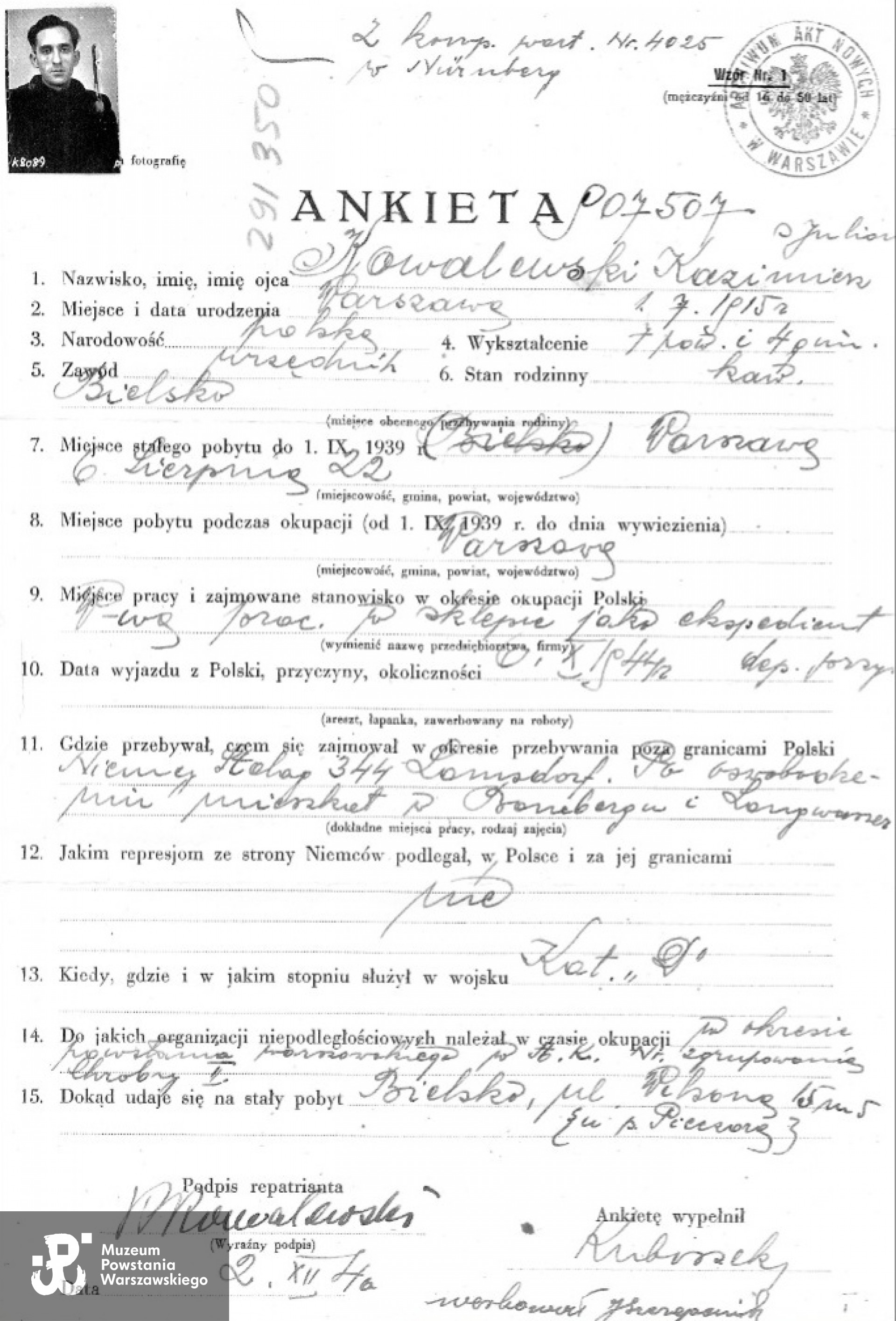 Archiwum Akt Nowych - zespół arch nr 200 - PUR, ZC w Łodzi. Kopię udostępniła p. Magdalena Jackiewicz z domu Kowalewska. 