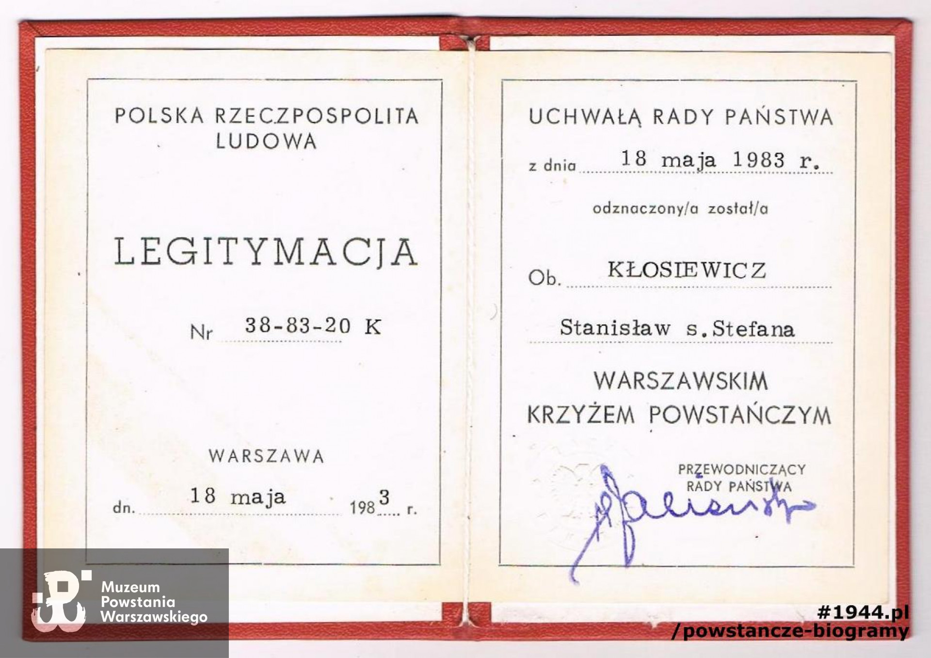 Legitymacja odznaczeniowa -  Warszawski Krzyż Powstańczy. Z archiwum rodzinnego syna, p. Krzysztofa Kłosiewicza