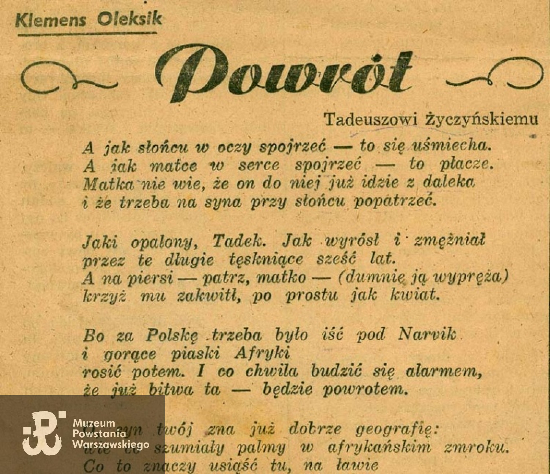 "Ilustrowany Kurier Polski" nr 213 z sierpnia 1946 roku. Wiersz Klemensa Oleksika dedykowany Tadeuszowi Życzyńskiemu