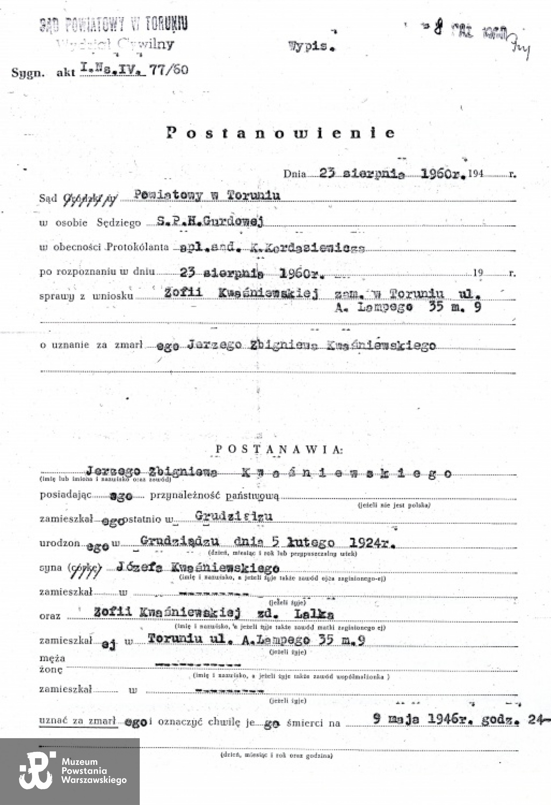 Dokument z archiwum rodzinnego udostępniony przez p. Teresę Rydlewską - Sawicką.