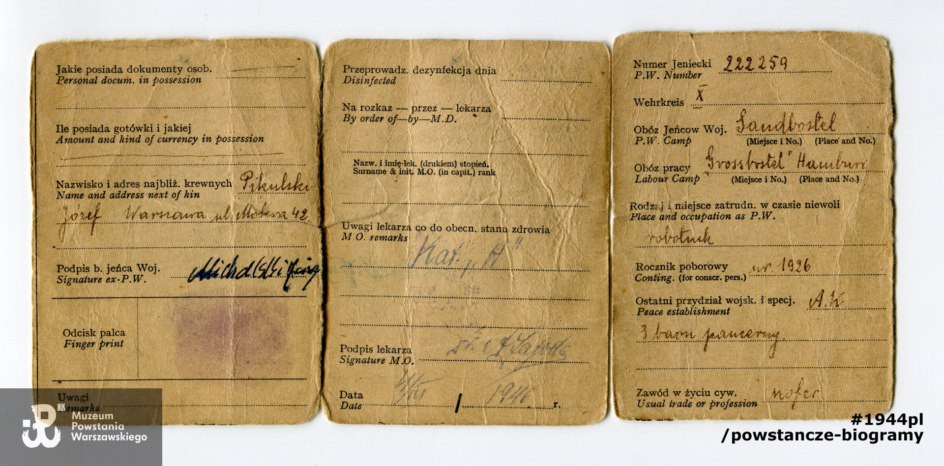 Należąca do Jerzego Michalskiego legitymacja byłego  jeńca wojennego  (ang. Identity card for ex-prisoner of war). Ze zbiorów prywatnych p. Jerzego Michalskiego. Skan wykonano w Muzeum Powstania Warszawskiego w marcu 2022 r. 