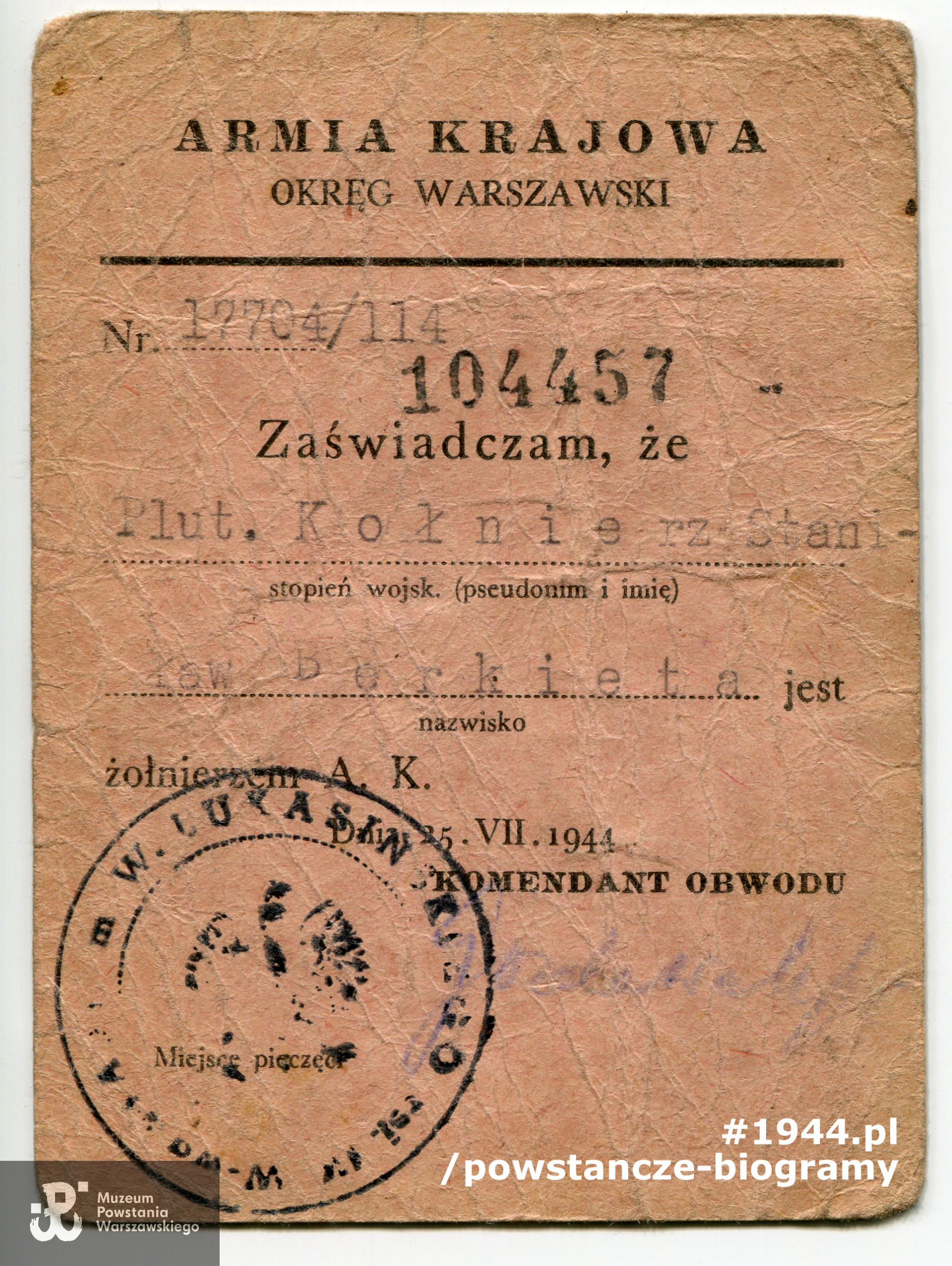 Należąca do Stanisława Berkiety legitymacja AK. Ze zbiorów Muzeum Powstania Warszawskiego, sygn. P/4381, przekazał p. Adam Berkieta
