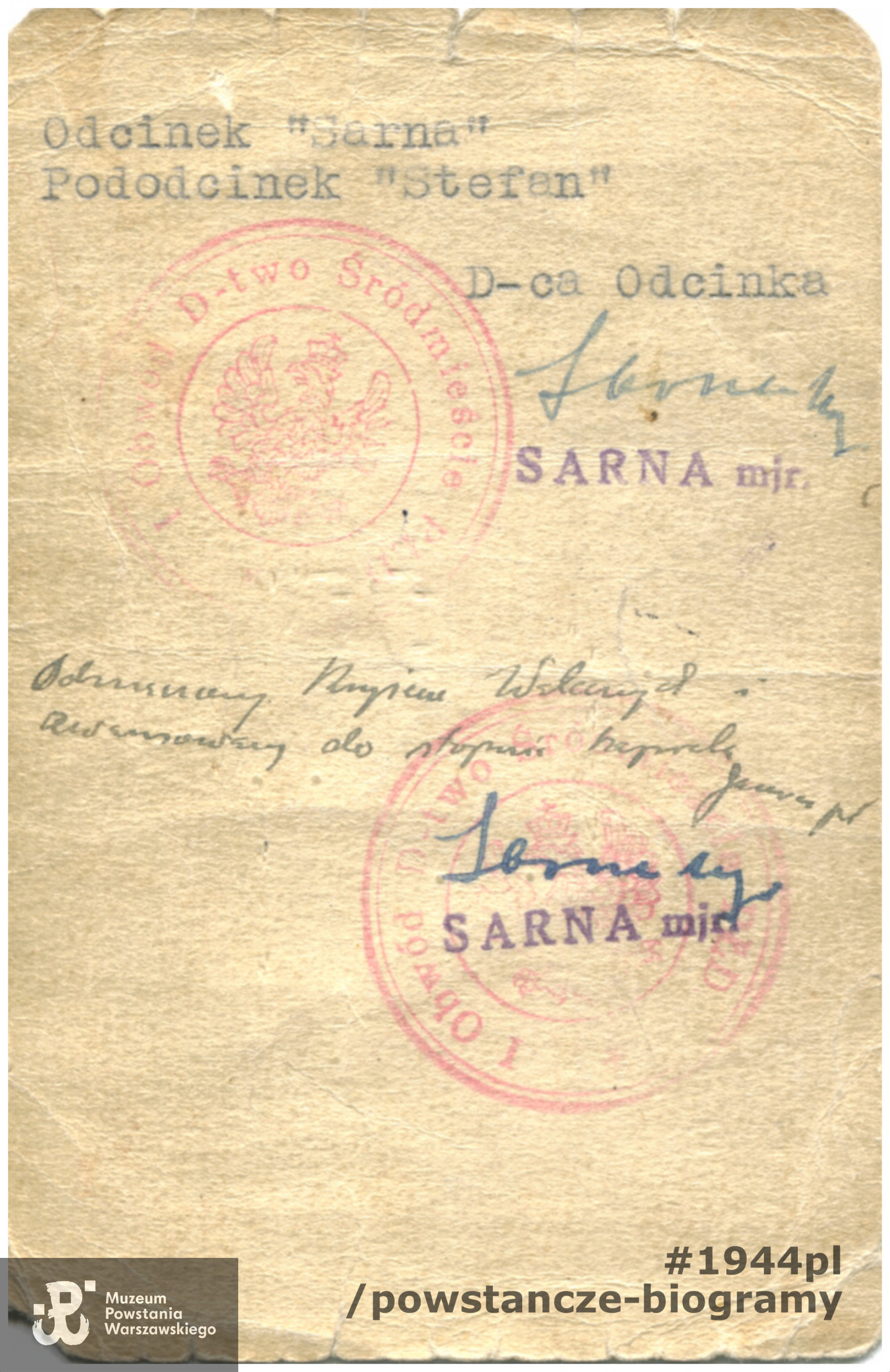 Legitymacja tymczasowa Armii Krajowej Okręg Warszawski nr 502/S informująca, że strz. Szczawik jest żołnierzem AK. Dokument wystawiony 28.09.1944. Na rewersie przydział żołnierza oraz wpis o przyznaniu Krzyża Walecznych i awansie na kaprala. Ze zbiorów Muzeum Powstania Warszawskiego, sygn. MPW-A-3823 (P/4294)