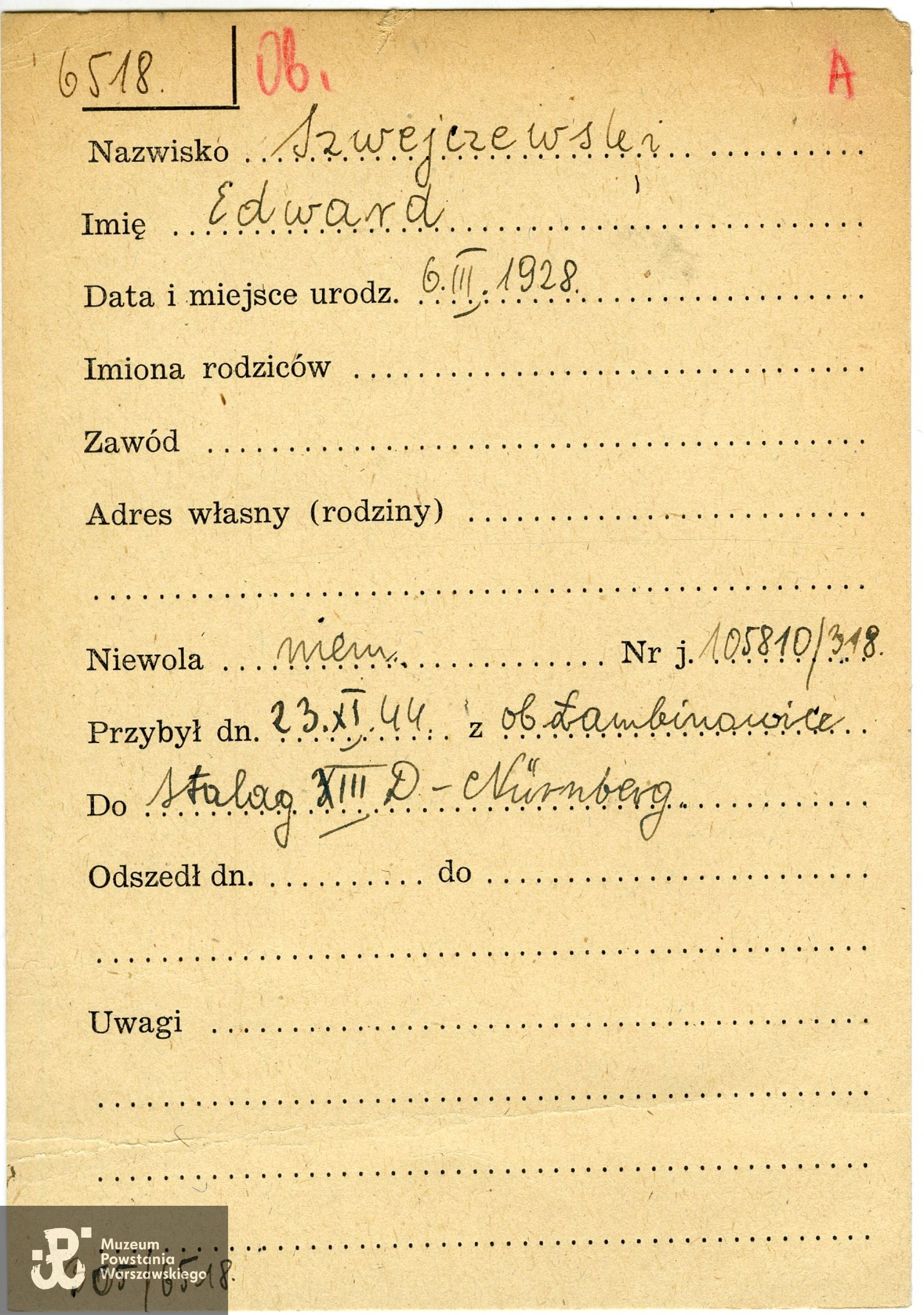 Polski Czerwony Krzyż - kartoteka jeniecka, tu zaniżony wiek i data urodzenia 6 III 1928