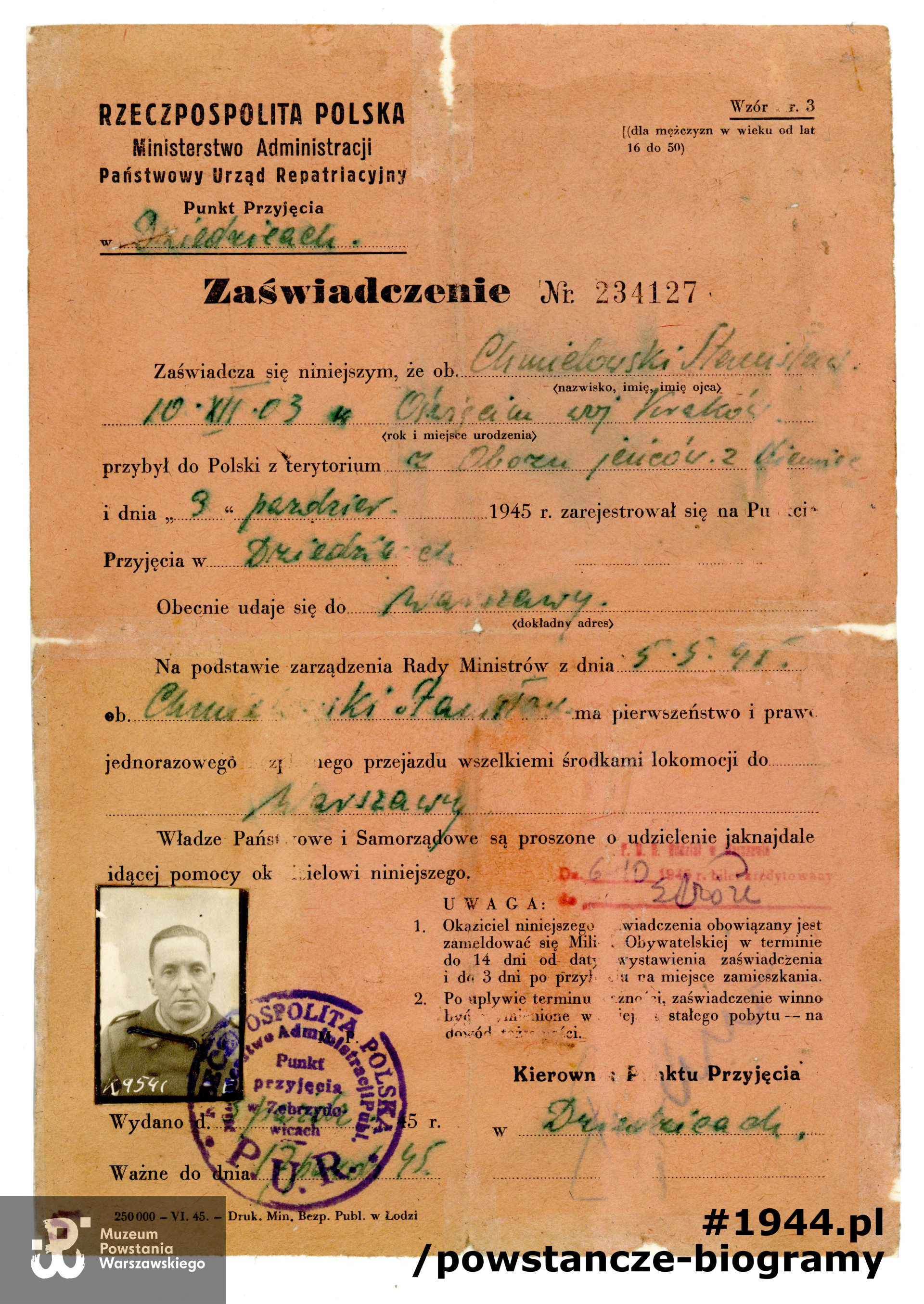 Zaświadczenie PUR (wystawiane przez Państwowy Urząd Repatriacyjny). Z archiwum rodzinnego, udostępniła p. Anna Chmielowska - Łachwa