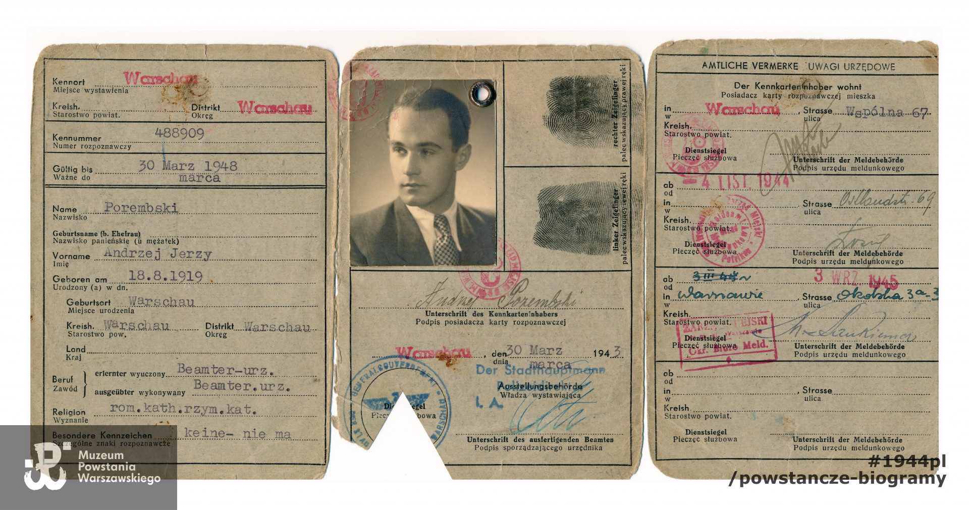 Kennkarta (ze zdjęciem) wystawiona na nazwisko Andrzej Jerzy Porembski. Ze zbiorów Muzeum Powstania Warszawskiego, sygn. P/9462/21, dar p. Małgorzaty Porembskiej
