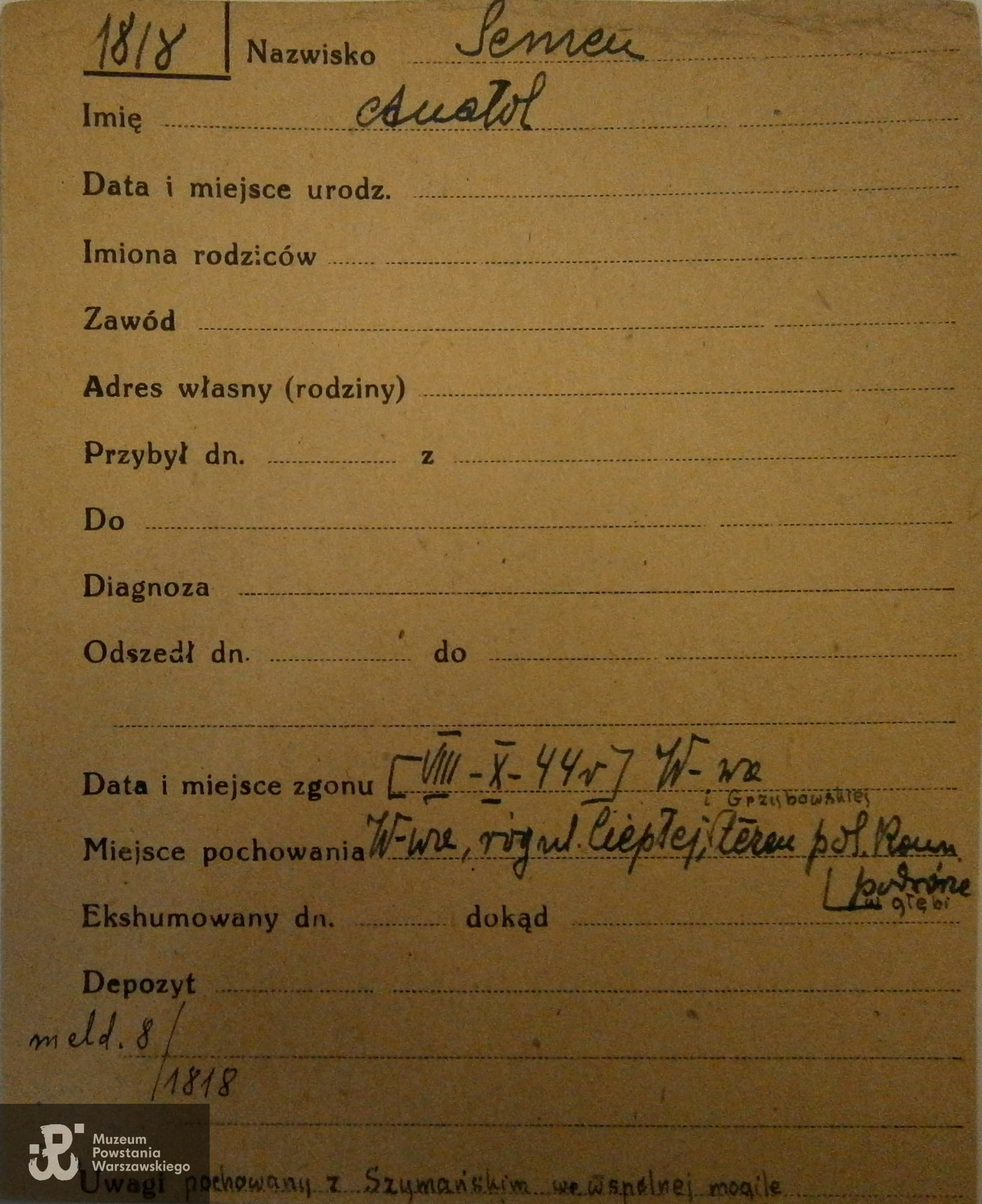 PCK - kartoteka ogólna - tu zapis nazwiska: SEMEN ANATOL