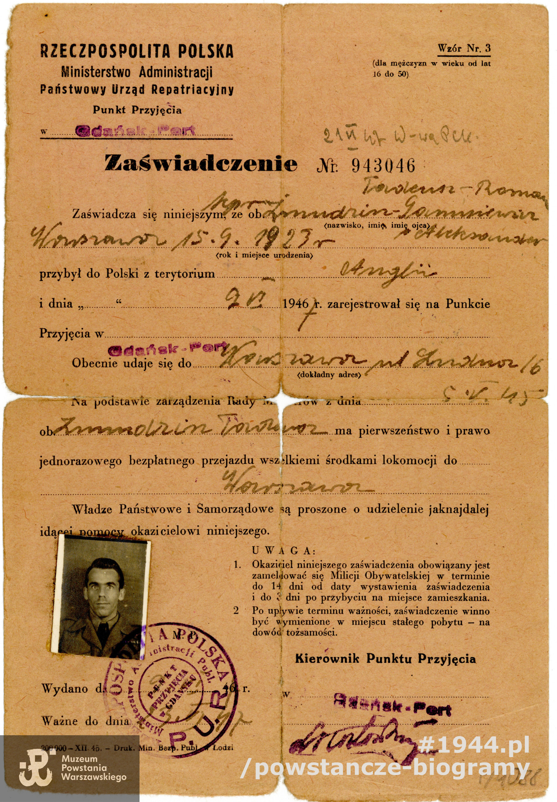 Zaświadczenie P.U.R. Ze zbiorów Muzeum Powstania Warszawskiego, sygn. P/4088