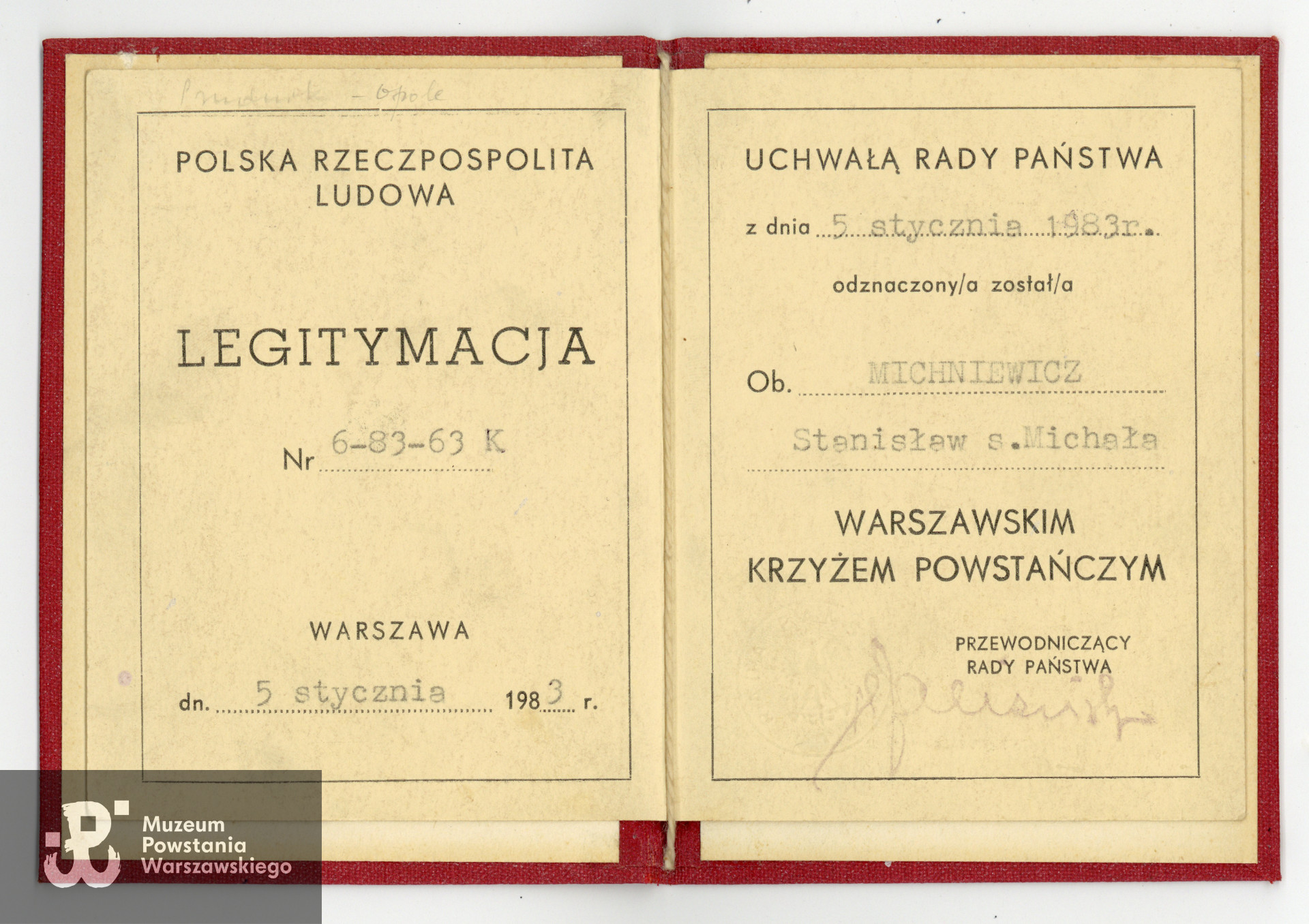 Legitymacja Warszawskiego Krzyża Powstańczego. Ze zbiorów rodzinnych p.  Krystyny  Michniewicz-Wanik