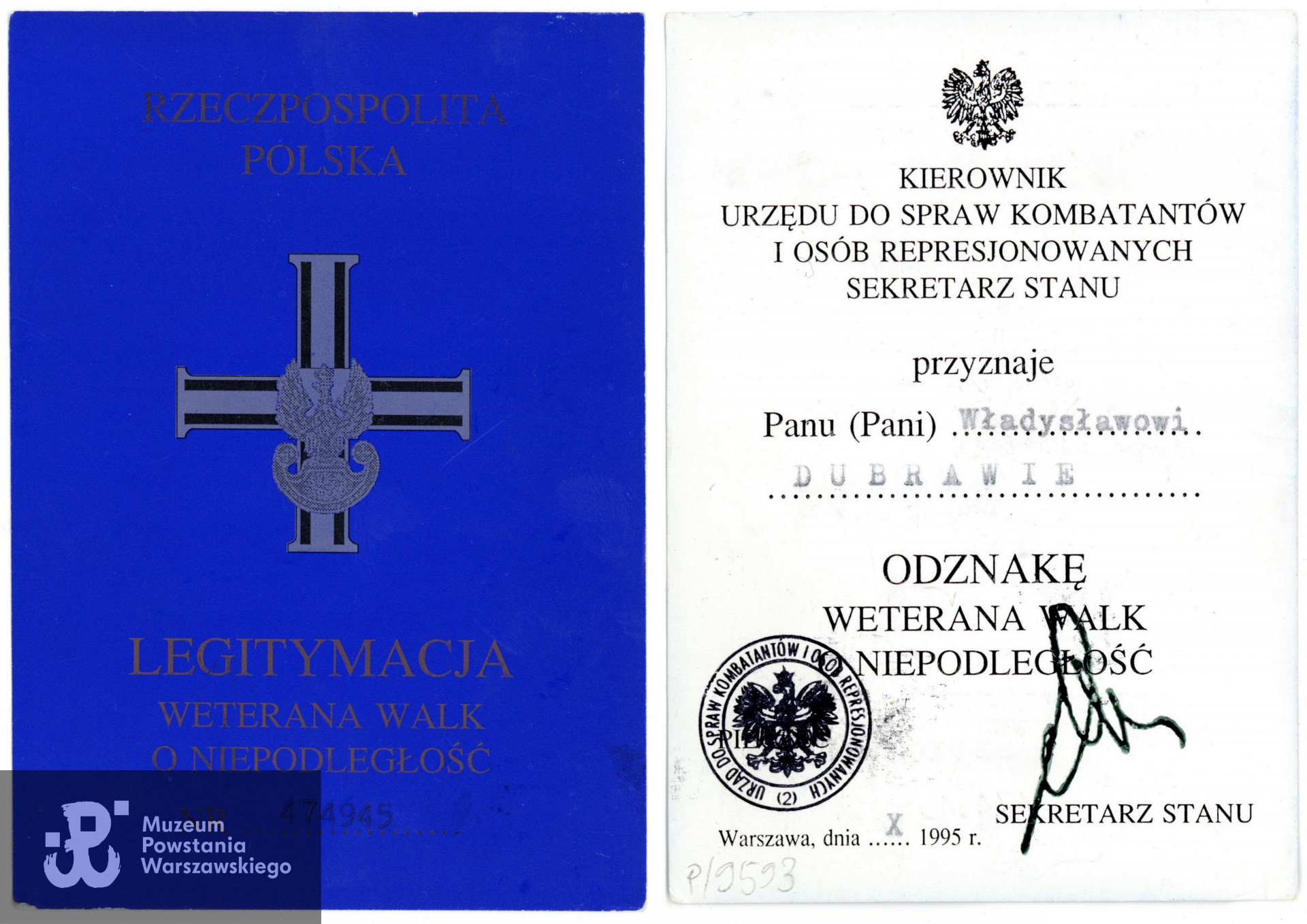 Legitymacja odznaczeniowa - Odznaka Weterana Walk. Ze zbiorów Muzeum Powstania Warszawskiego, sygn.  P/9593, dar p.  Alicji Dubrawy - Rafalskiej. 