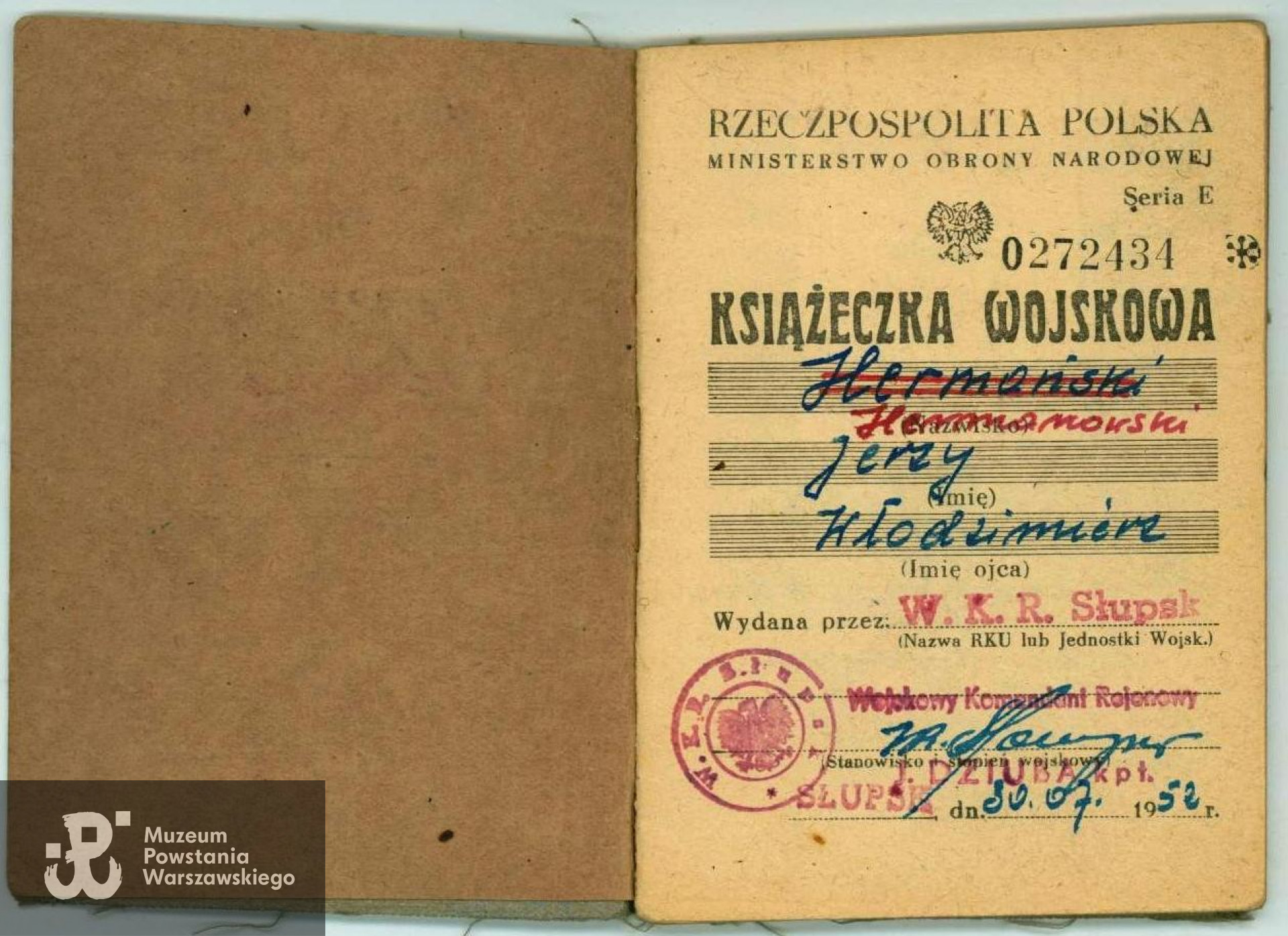 Powojenna książeczka wojskowa Jerzego Hermanowskiego. Ze zbiorów rodzinnych p. Ewy Mączewskiej z domu Jastrzębiec - Hermanowskiej.