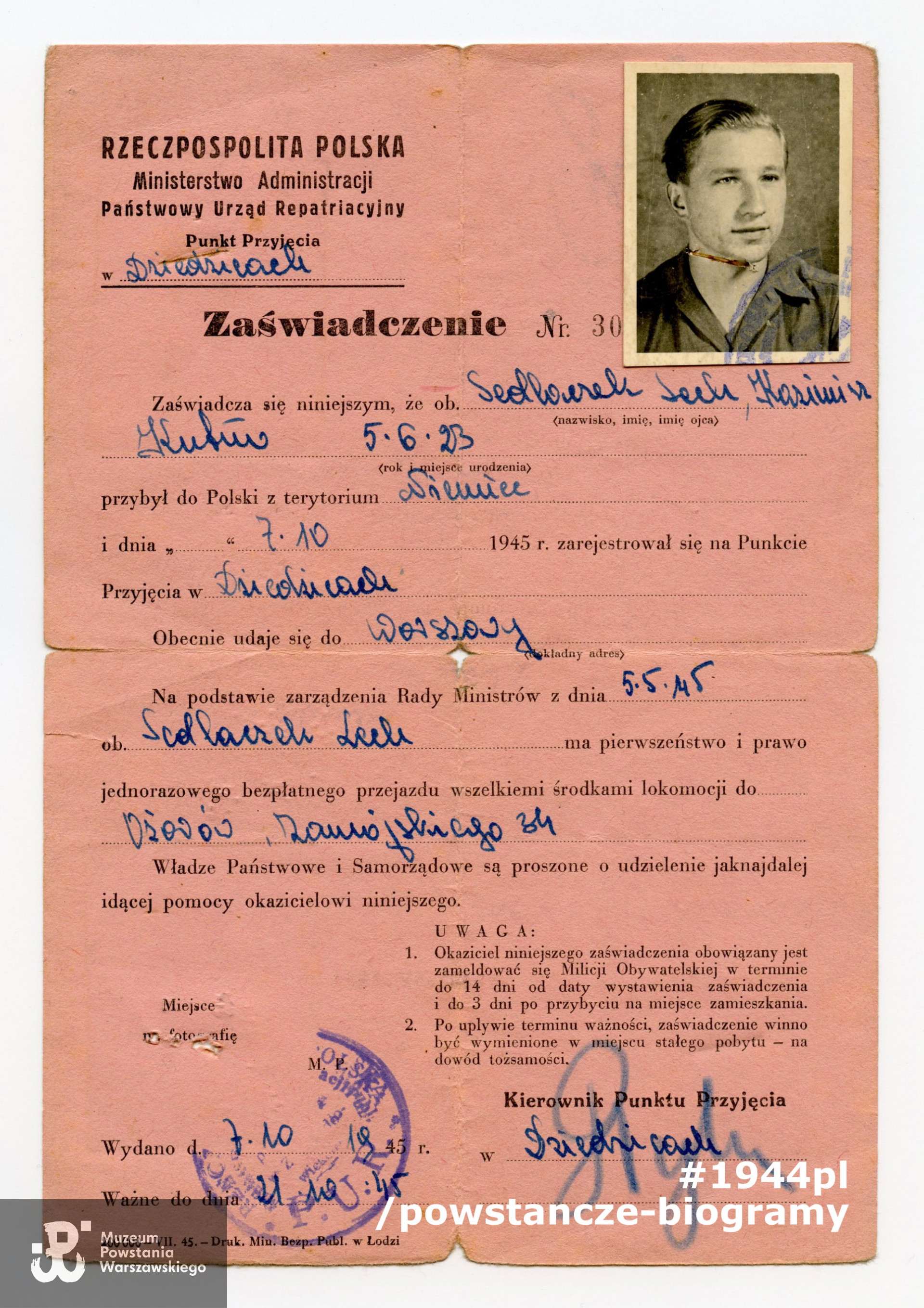 Zaświadczenie powrotne wydane przez Państwowy Urząd Rapatriacyjny.  Data powrotu do kraju: 07-10-1945.  Z archiwum rodzinnego p. Lecha Sedlaczka ps. Hak