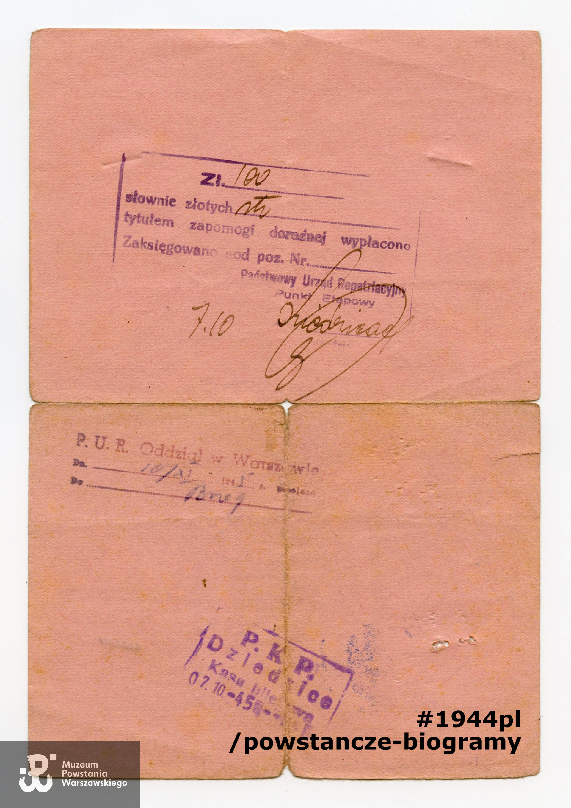 Zaświadczenie PUR - rewers. Z archiwum rodzinnego p. Lecha Sedlaczka ps. Hak