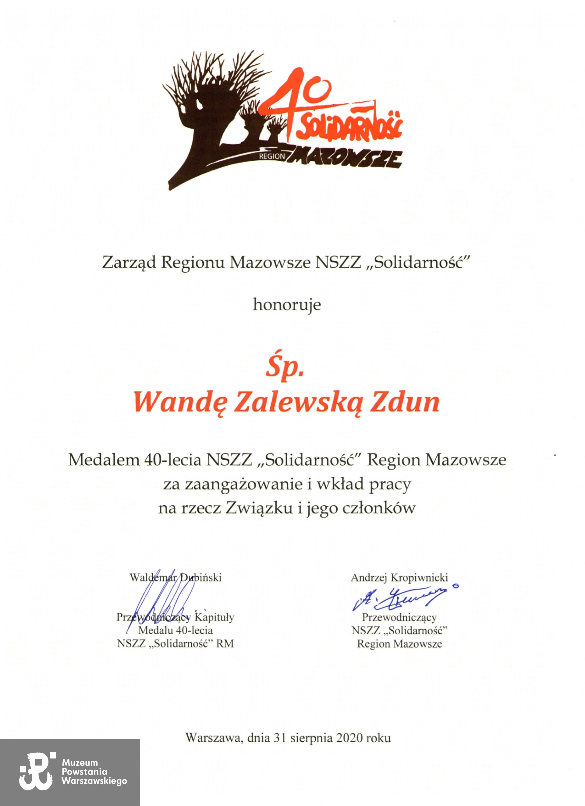 Medal 40-lecia przyznany p. Wandzie Zalewskiej - Zdun przez  NSZZ "Solidarność" . Skan udostępnił p. Paweł Zdun
