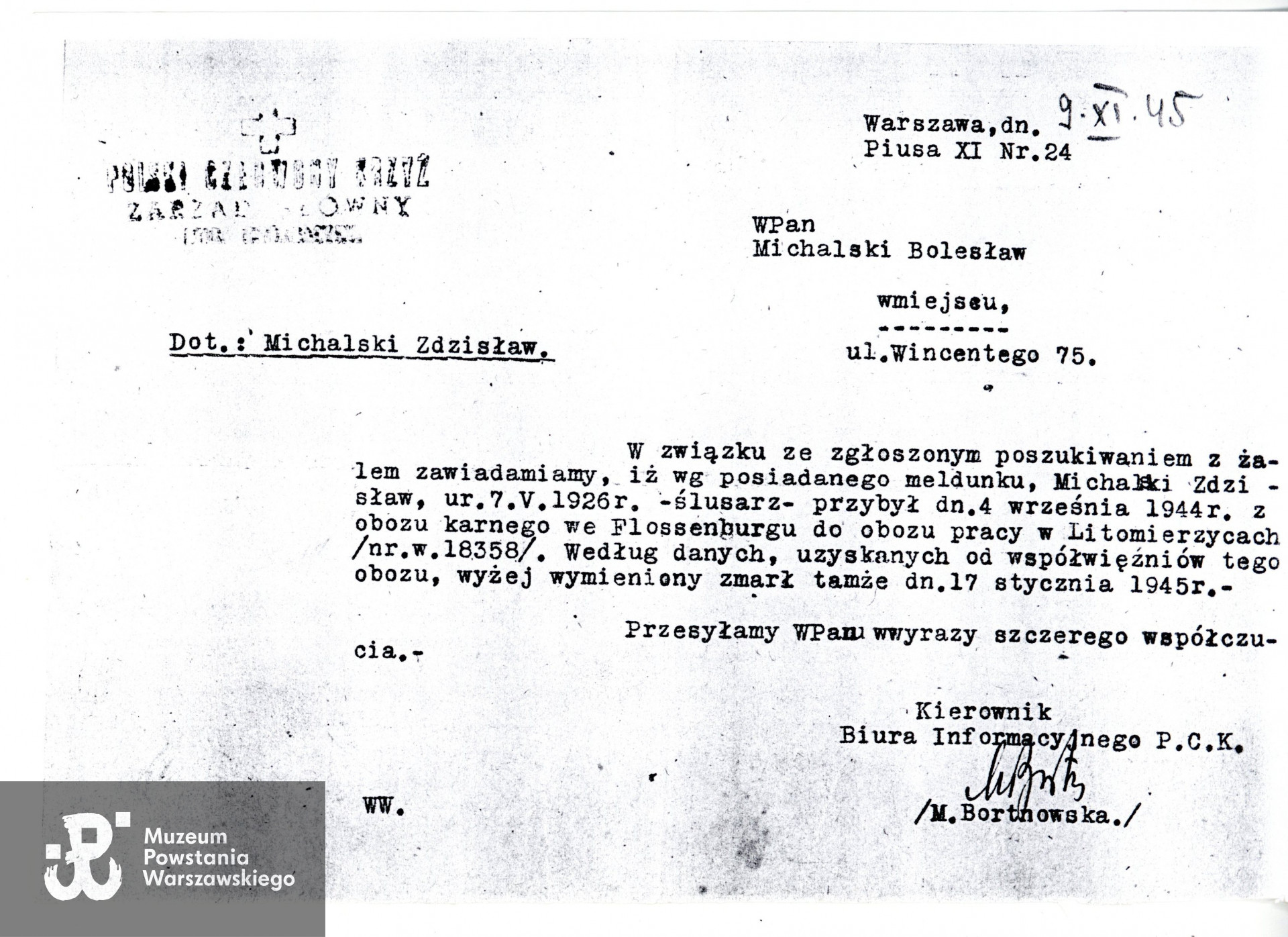 Zawiadomienie PCK w odpowiedzi na poszukiwania prowadzone przez ojca Zdzisława - Bolesława Michalskiego