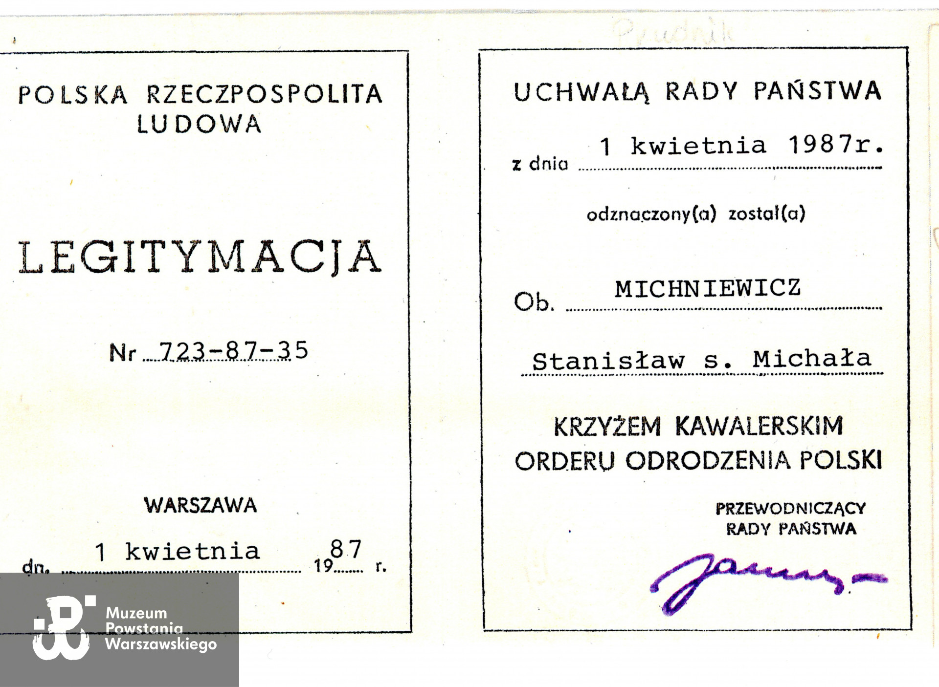 Muzeum Powstania Warszawskiego, Teczki personalne uczestników Powstania Warszawskiego: Michniewicz Stanisław Kazimierz ps. Żbik, skan z kserokopii przekazanej przez córkę Powstańca