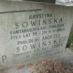 Powązki Wojskowe. kw. D 12, rząd  1, grób 25. Pochowana wraz z mężem, Andrzejem Sowińskim ps. 