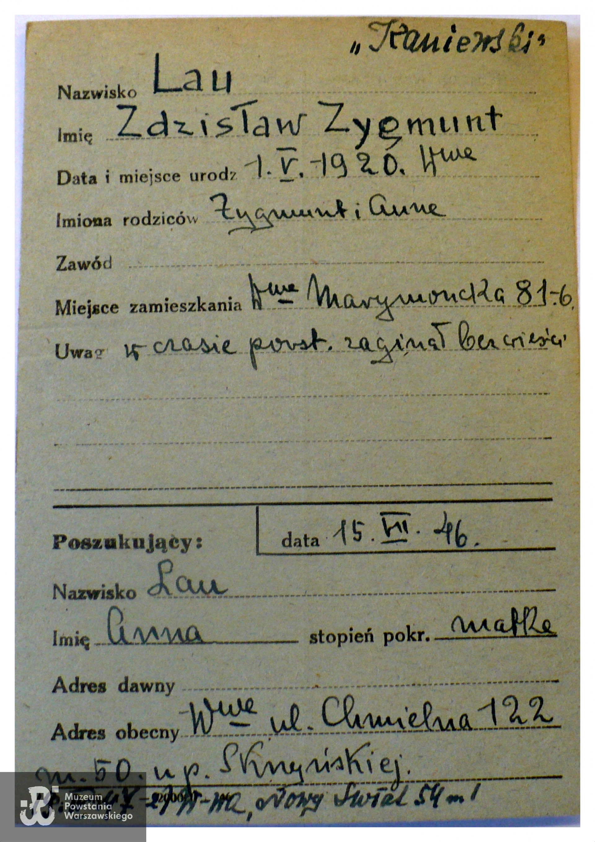 PCK - kartoteka. Ślad poszukiwań Zdzisława przez matkę Annę Lau - 1946 r.