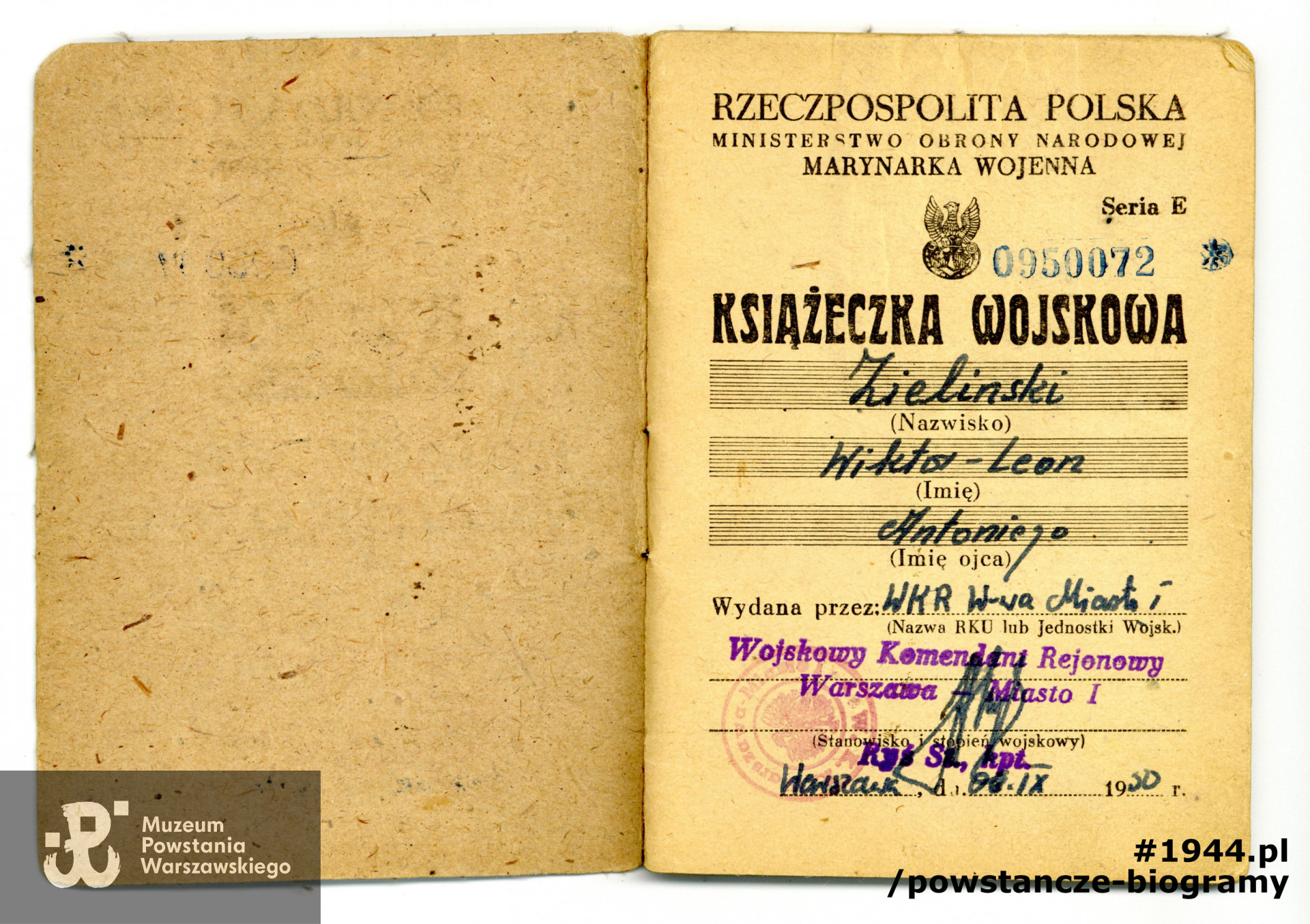 Książeczkia Wojskowa Wiktora Zielińskiego. Ze zbiorów Muzeum Powstania Warszawskiego, sygn. P/257