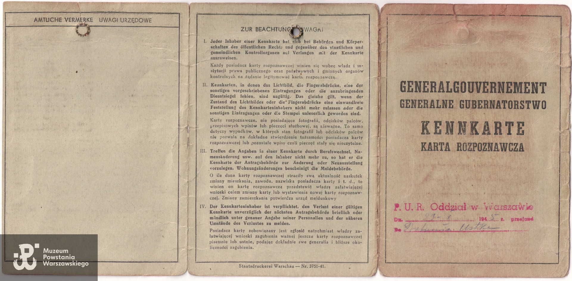 Kenkarta (niem. Kennkarte, karta rozpoznawcza) Zygmunta Karpińskiego. Dokument ze zbiorów rodzinnych, udostępnił Jacek Dehnel, wnuk Powstańca