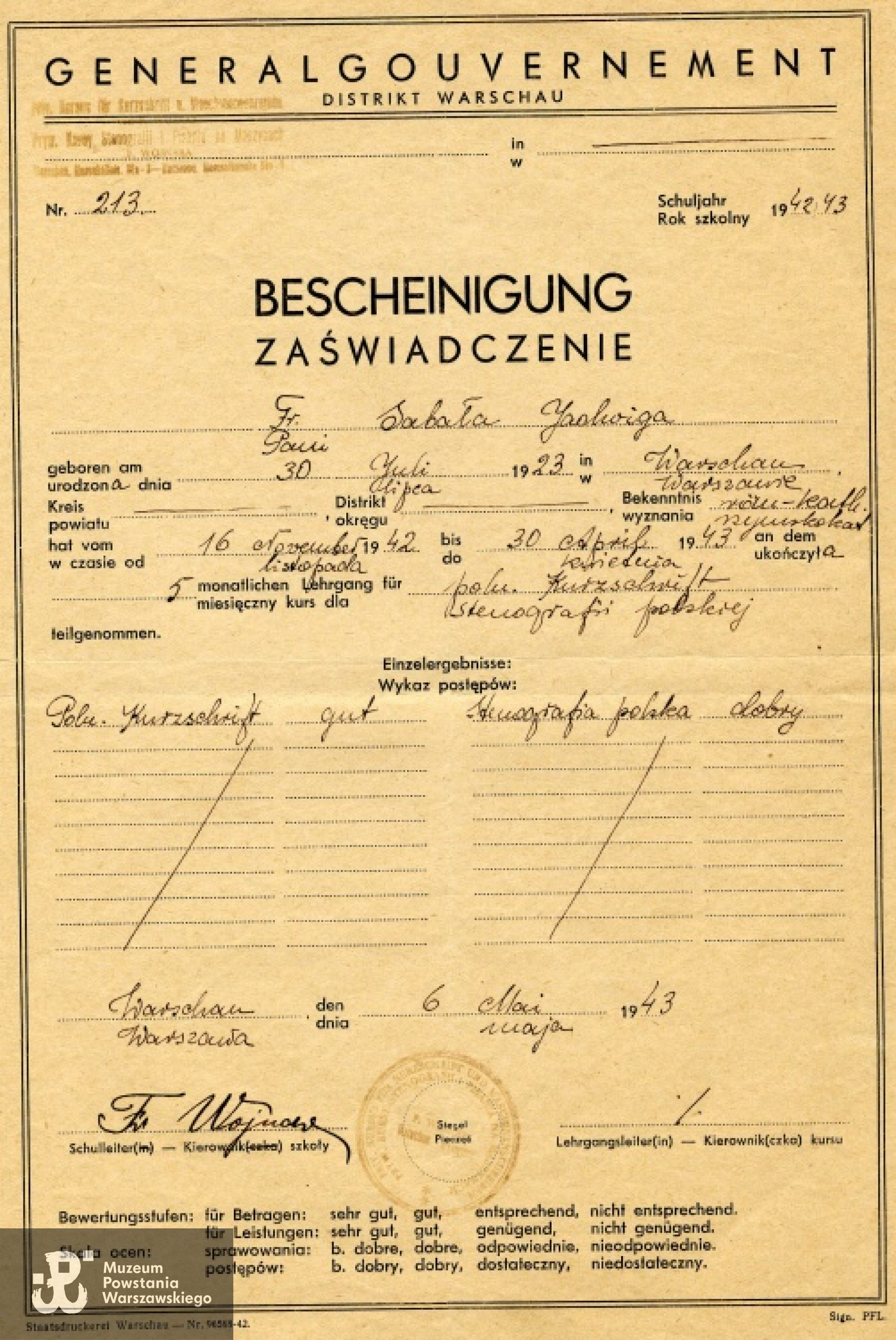 Okupacyjne zaświadczenia szkolne. Z  archiwum rodzinnego córek.