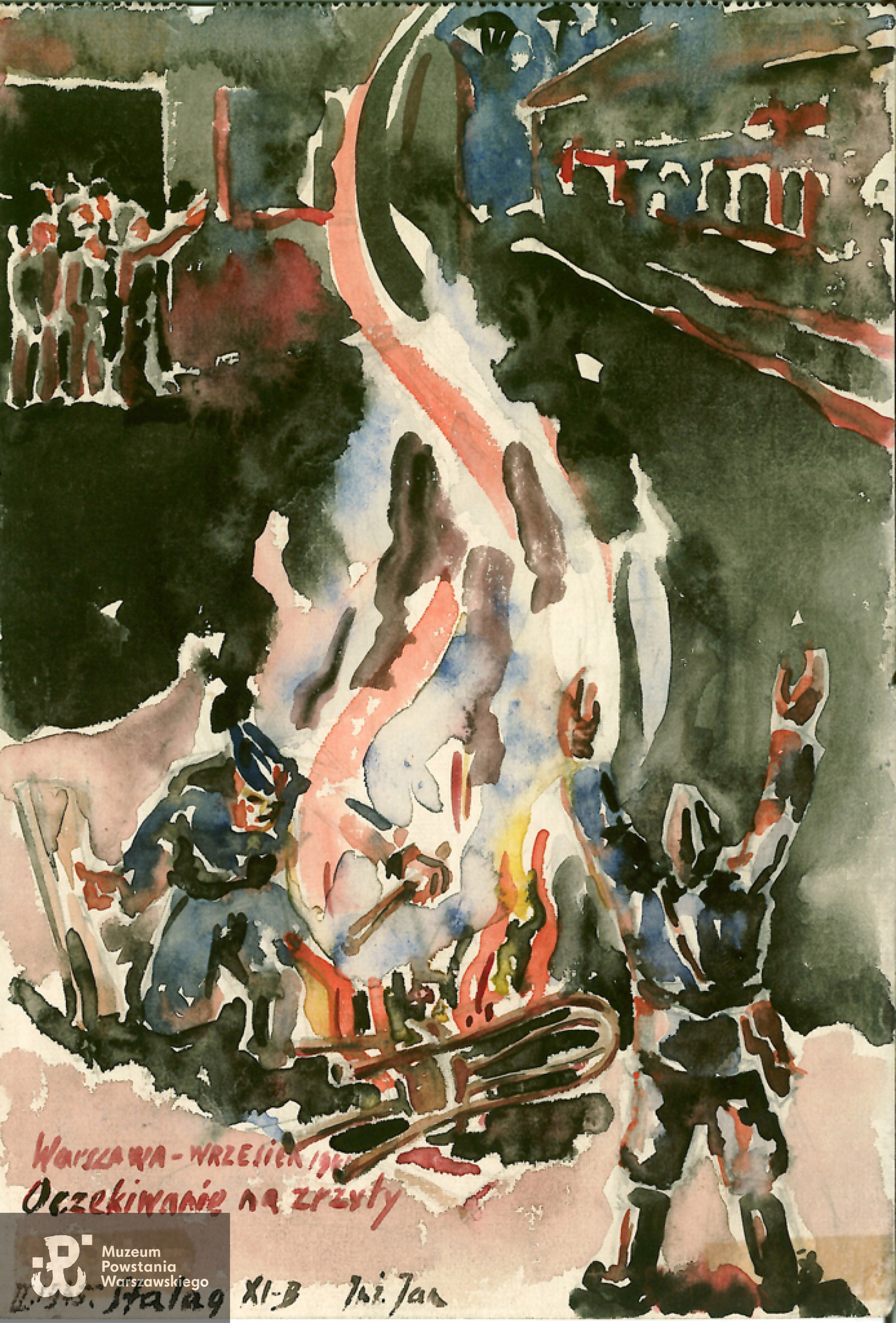 Akwarela autorstwa Waleriana Bieleckiego prezentowana na wystawie  prac Waleriana Bieleckiego w Sali Rycerskiej Muzeum Wojska w Białymstoku pt. " Z Kubusiem przez Powstanie". Fot. materiały prasowe organizatora