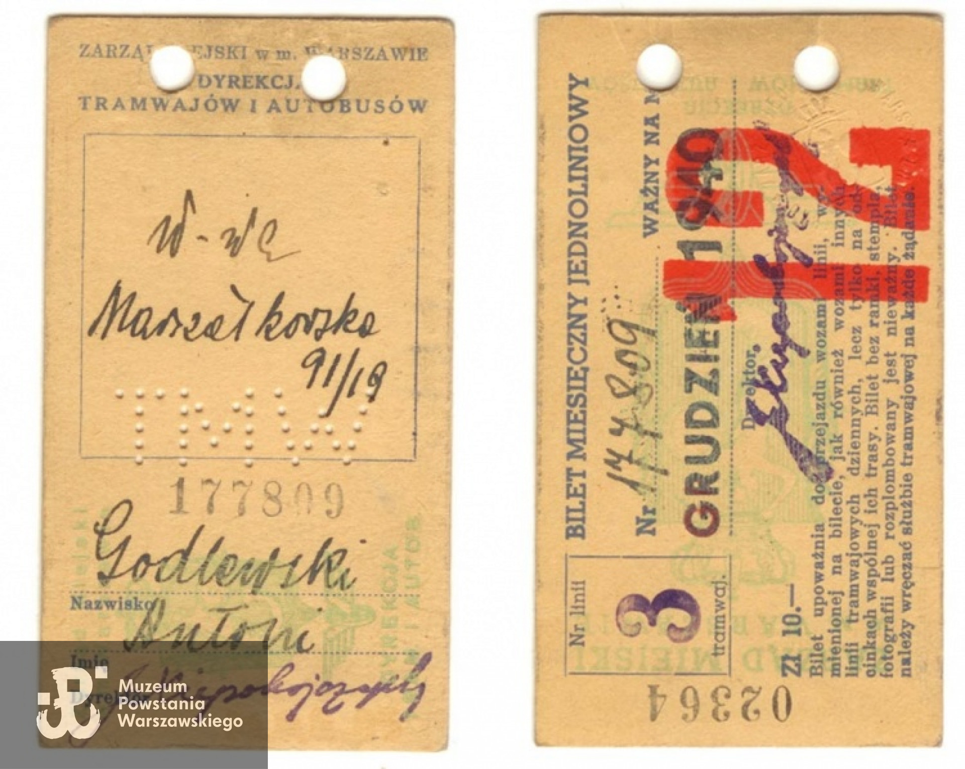 Bilet miesięczny Antka z grudnia 1940 roku