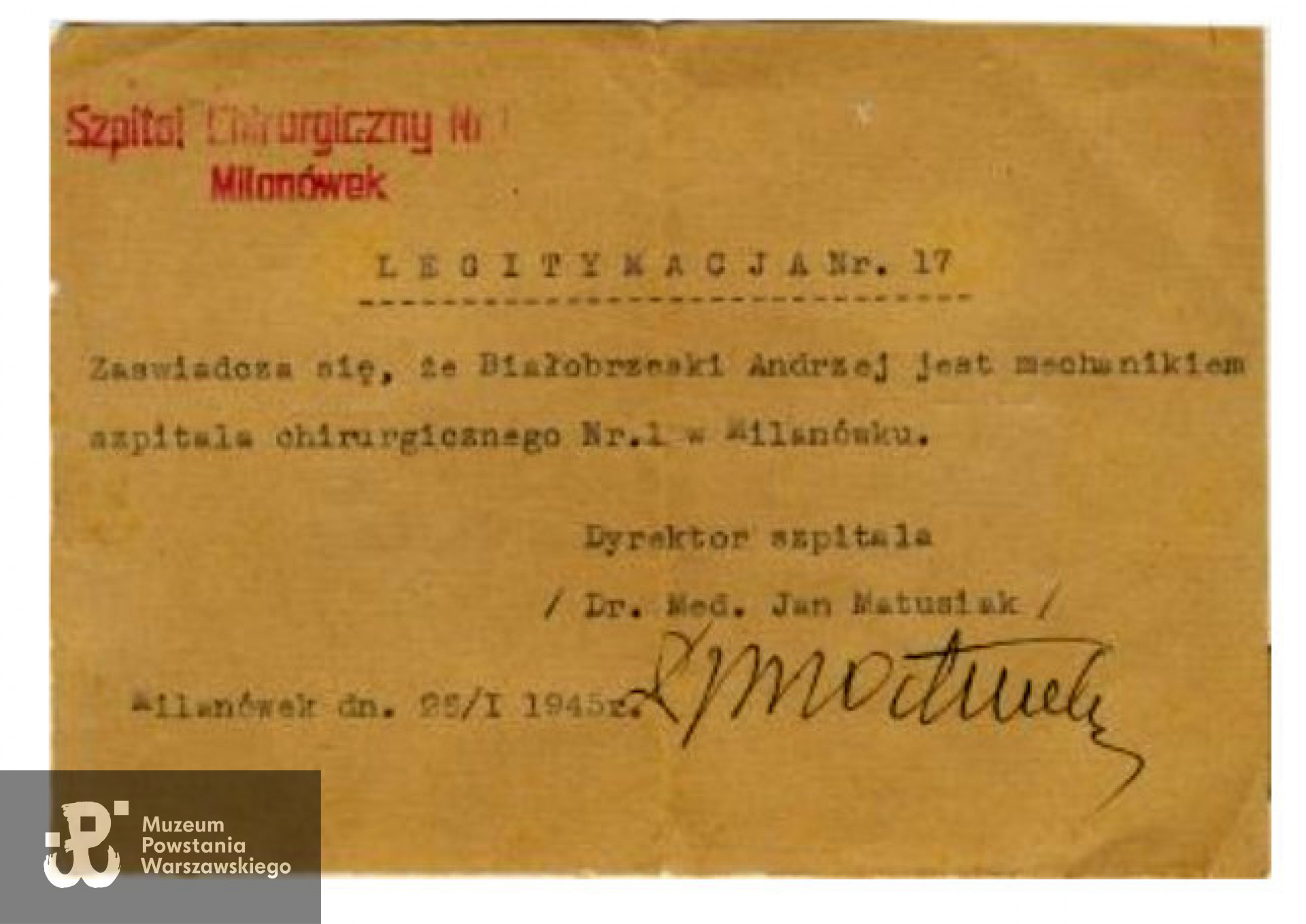 Legitymacja ze szpitala w Milanówku na nazwisko Andrzej Białobrzeski