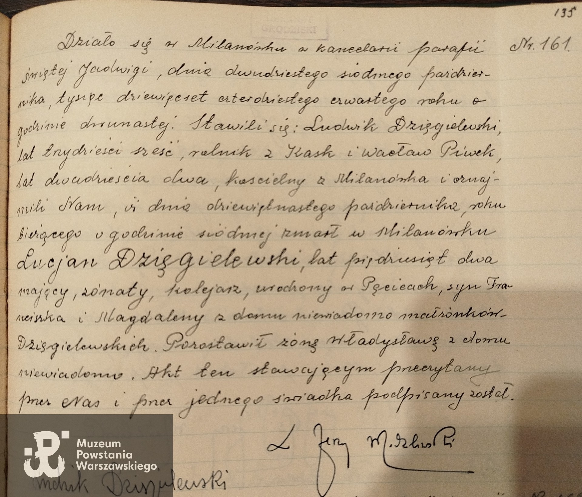 Akt zgonu 161/44-Lucjan Dzięgielewski, nadesłała p. Maria Smoleń. W zapisie (błędnie) jako Lucjan