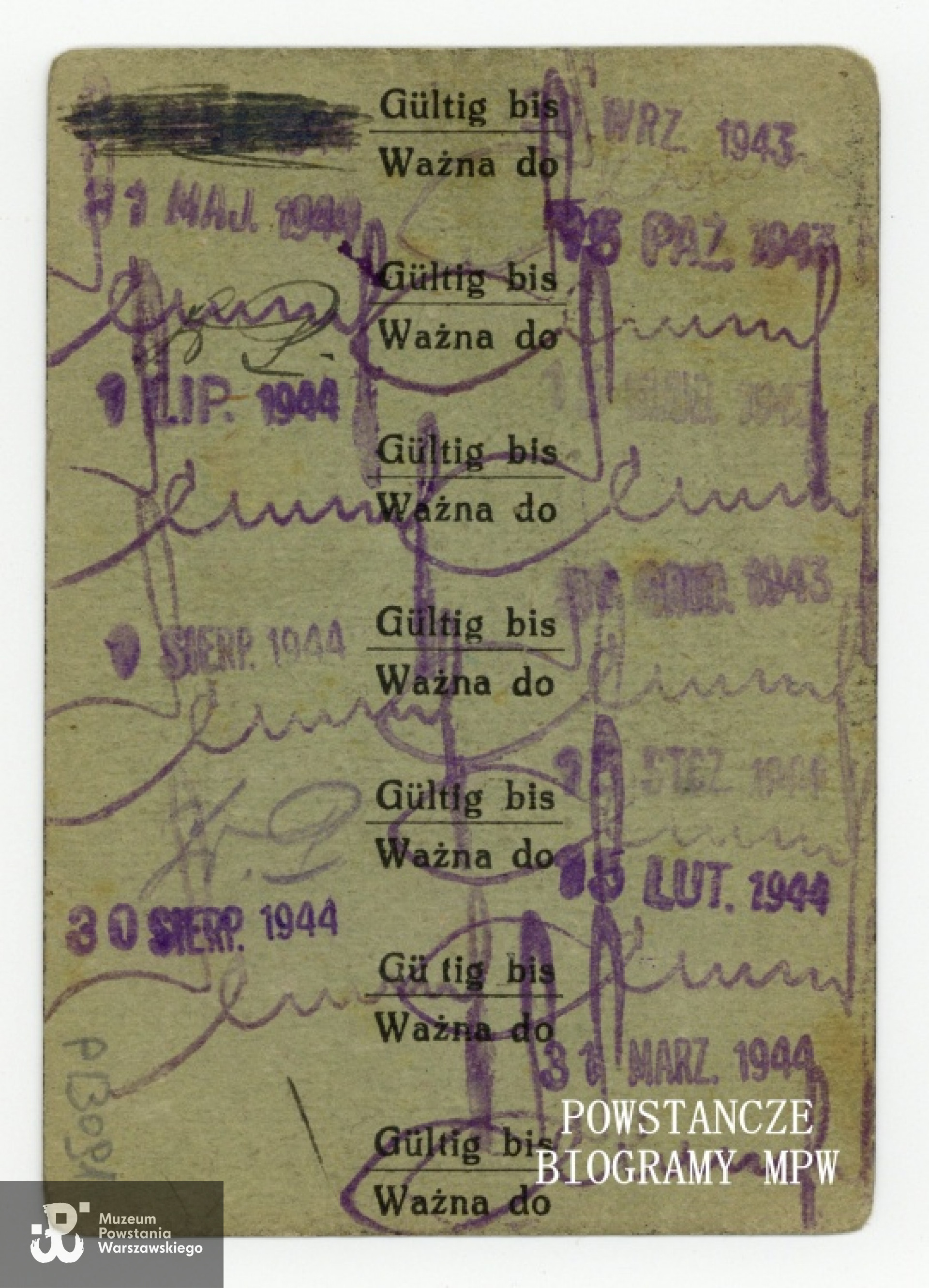 Przepustka z września 1943 roku uprawniająca do wejścia na teren Elektrowni Warszawskiej. Ze zbiorów Muzeum Powstania Warszawskiego, sygn. P/3091, dar Stefanii Osiak