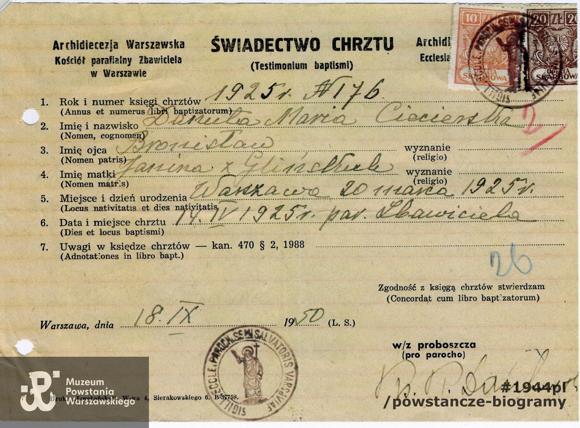 Świadectwo urodzenia i Chrztu św. Danuty Ciecierskiej. Ze zbiorów rodzinnych p. Danuty Ciecierskiej - Stokłosy, kopia: MPW-ankieta.