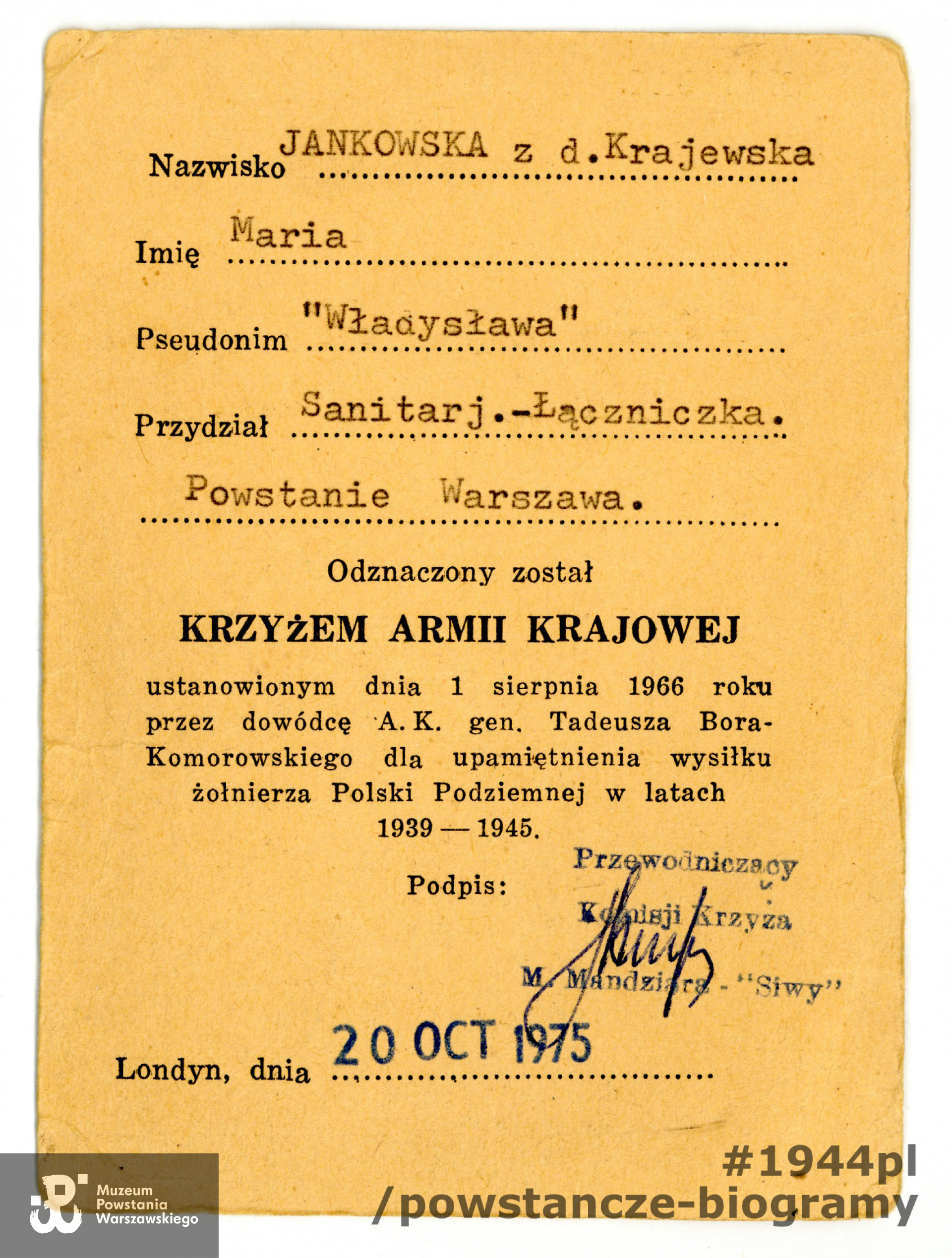 Legitymacja odznaczeniowa - Krzyż Armii Krajowej. Ze zbiorów rodzinnych