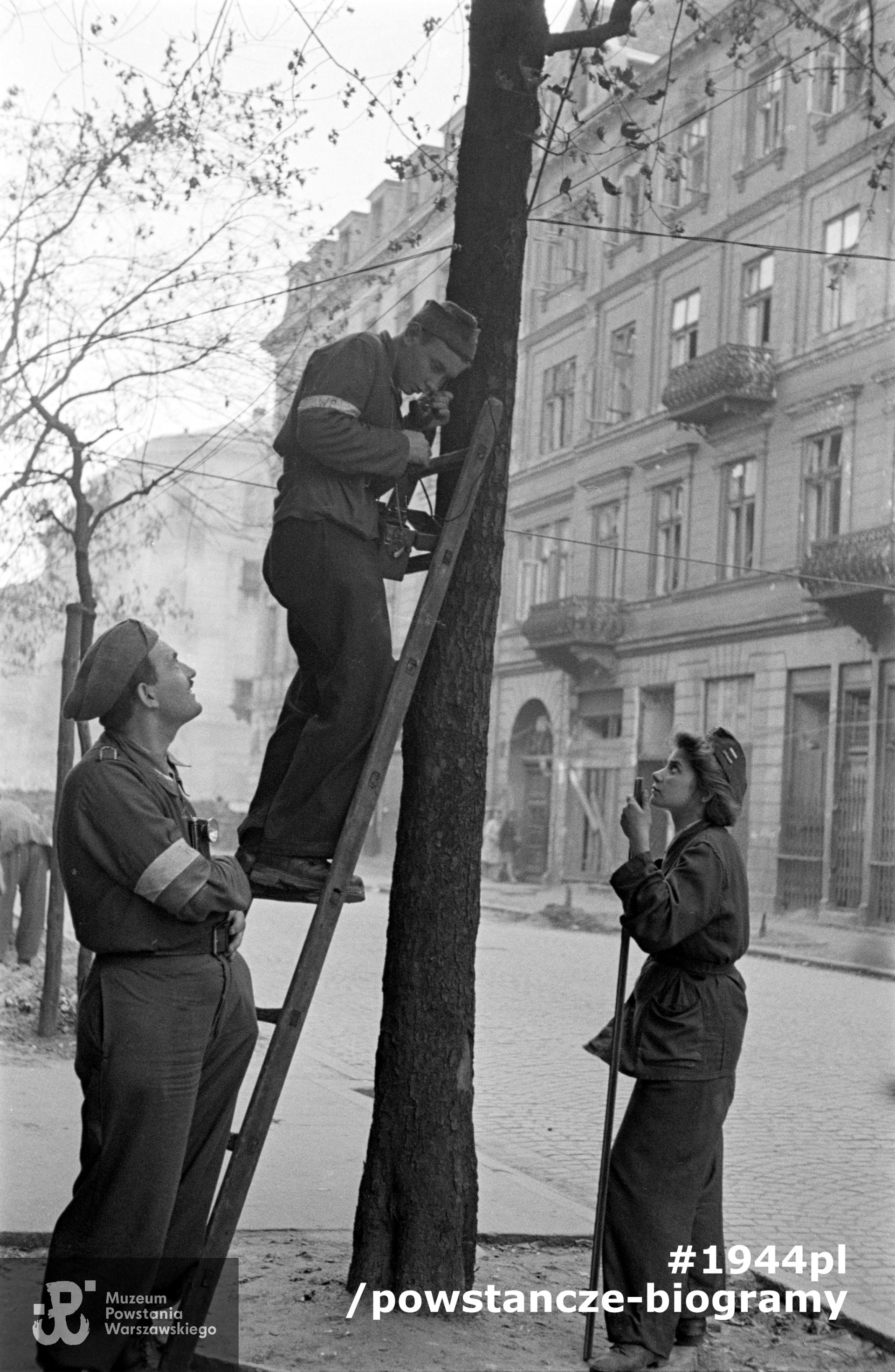 Fotografia z Powstania Warszawskiego. Śródmieście Południowe. Patrol łącznościowców batalionu „Sokół” podczas naprawy linii telefonicznej na ulicy Kruczej. Ujęcie w kierunku południowym. Od lewej Ludwik Pawlicki „Ludwik”, Janusz Laube „Zbigniew”, Barbara Kubicka „Basia”. W tle widoczna kamienica nr 17 i 15 (za drzewem) na rogu ul. Wilczej i nr 13 po drugiej stronie Wilczej. Fot. autorstwa Sylwestra „Krisa" Brauna  ze zbiorów Muzeum Powstania Warszawskiego, sygn. MPW-IS/2588. Ujęcie tożsame: MPW-IK/2007.