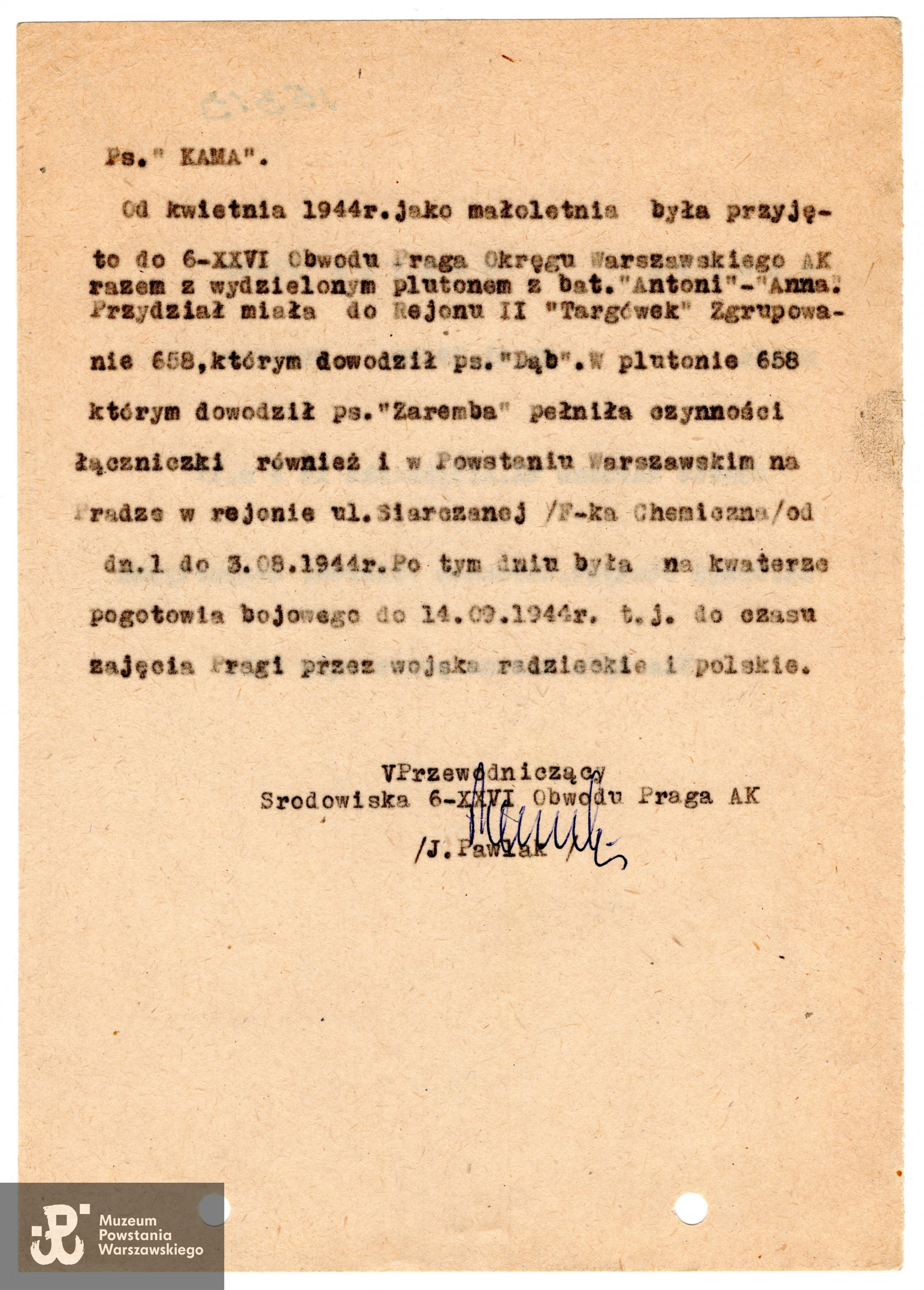 Muzeum Powstania Warszawskiego, Teczki personalne uczestników Powstania Warszawskiego: Łagida Kamila, zasób Pokoju Kombatanta MPW