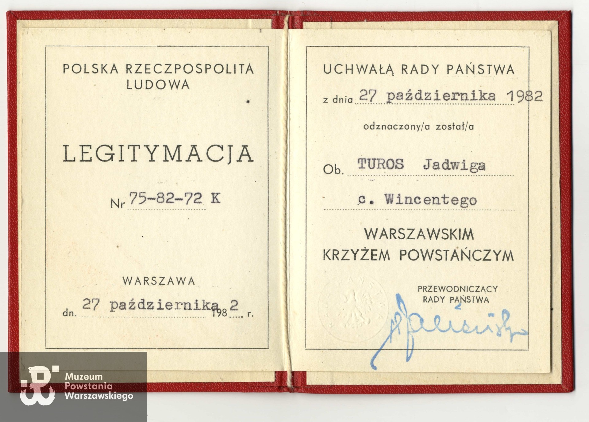 Legitymacja odznaczeniowa: Warszawski Krzyż Powstańczy. Z  archiwum rodzinnego córek.
