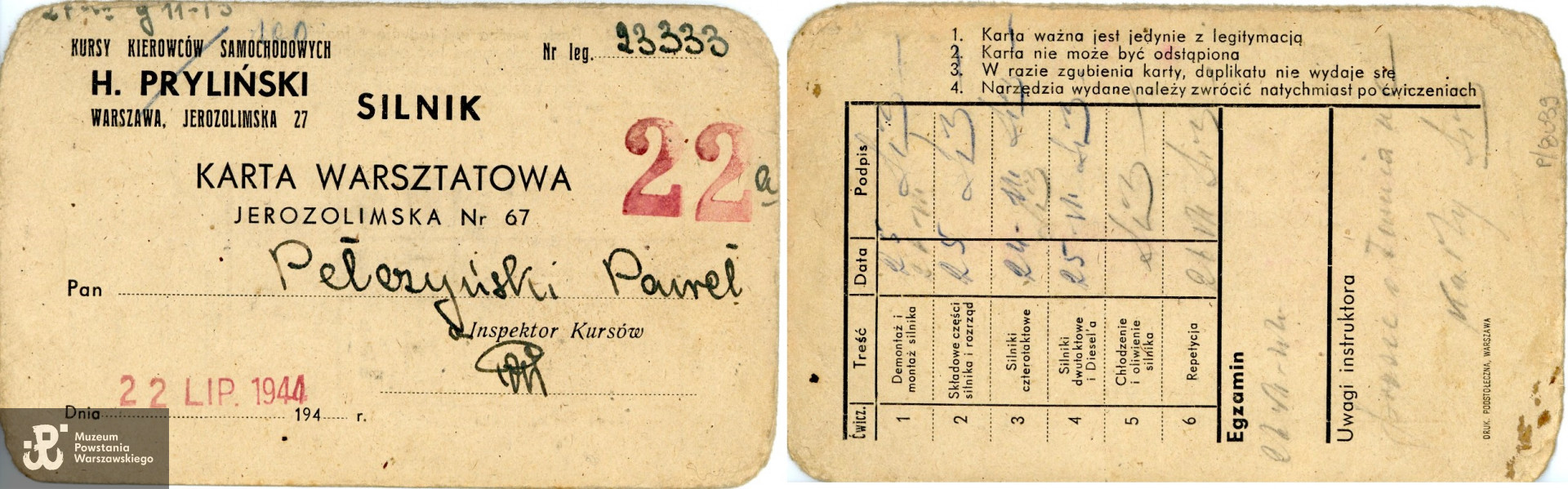 Karta warsztatowa zaliczenia przedmiotu "Silnik", Kursu Kierowców Samochodowych, należąca do Pawła Pełczyńskiego. Zbiory Muzeum Powstania Warszawskiego; sygn. MPW-A-9683.