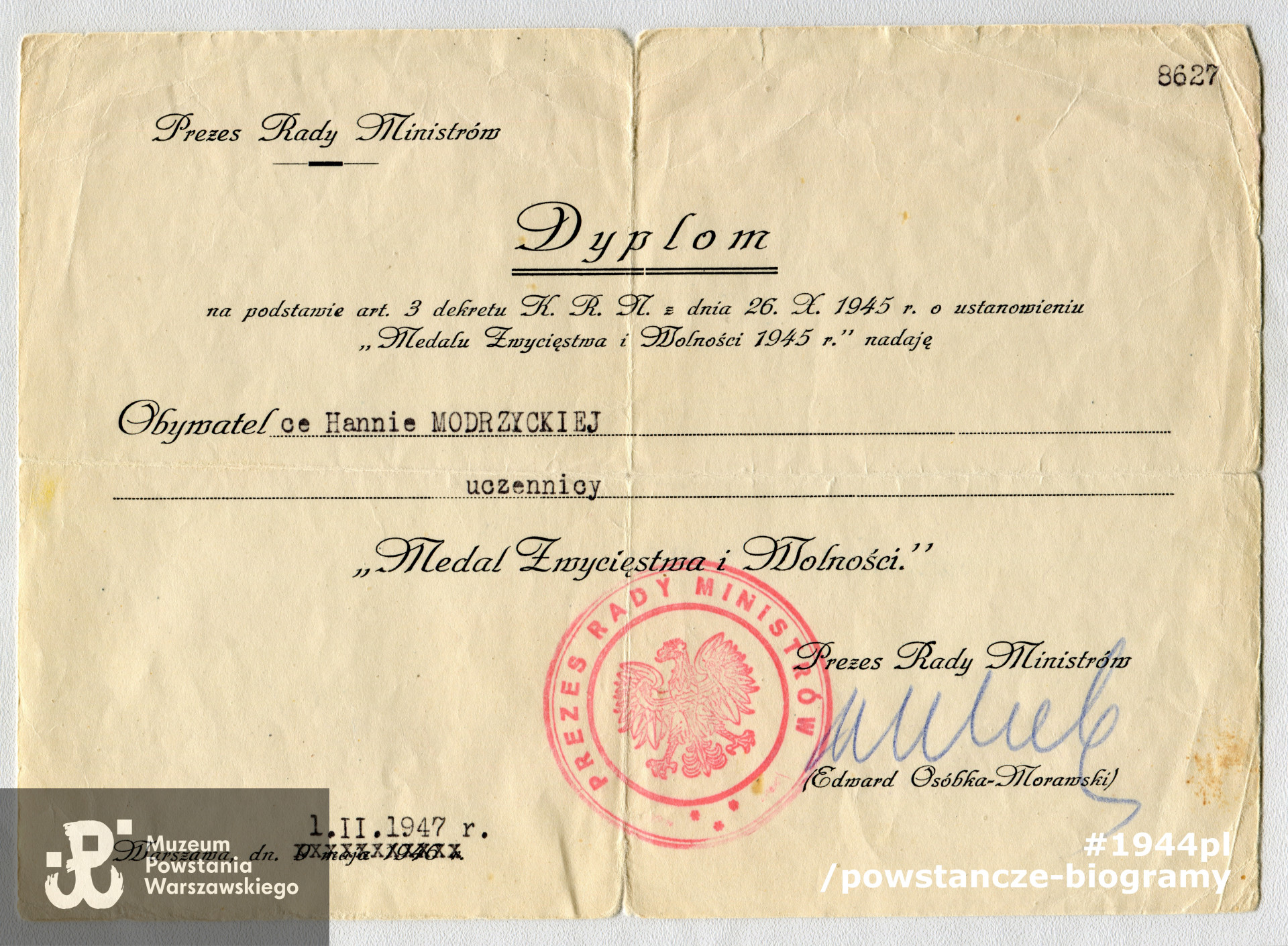 Dokument ze zbiorów rodzinnych p. Hanny Stompor z domu Modrzyckiej