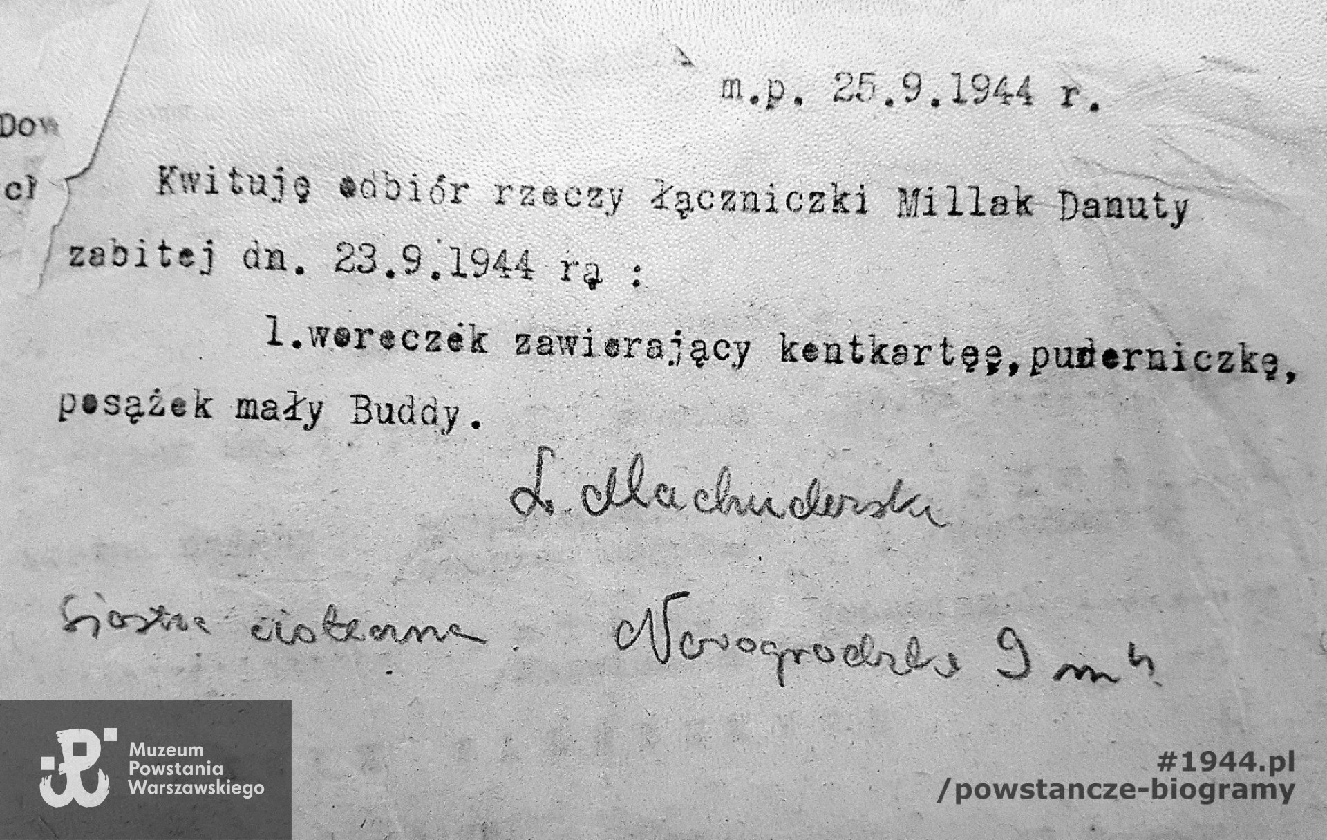 Pokwitowanie odbioru rzeczy zabitej, 25 IX 1944, podpisano: L. Machuderska. Fot.  udostępnione przez p. Jacka Sztejerwalda, <i>Powstanie Warszawskie - Batalion KB "Nałęcz"</i>