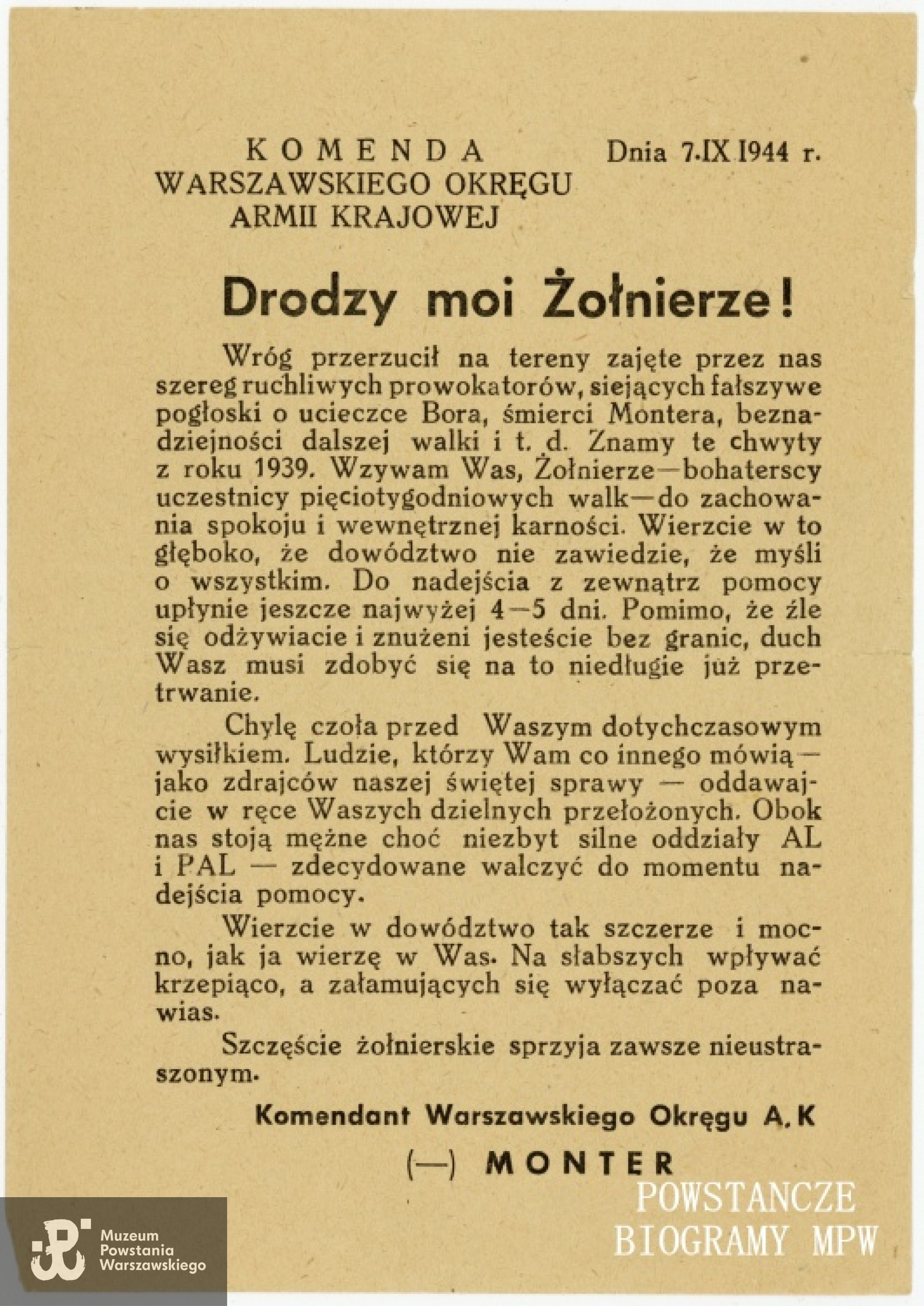Ulotka Komendy Warszawskiego Okręgu AK z Powstania Warszawskiego, podpisana przez komendanta Montera. Ze zbiorów Muzeum Powstania Warszawskiego, sygn. P/7255, dar Z. Skoczka