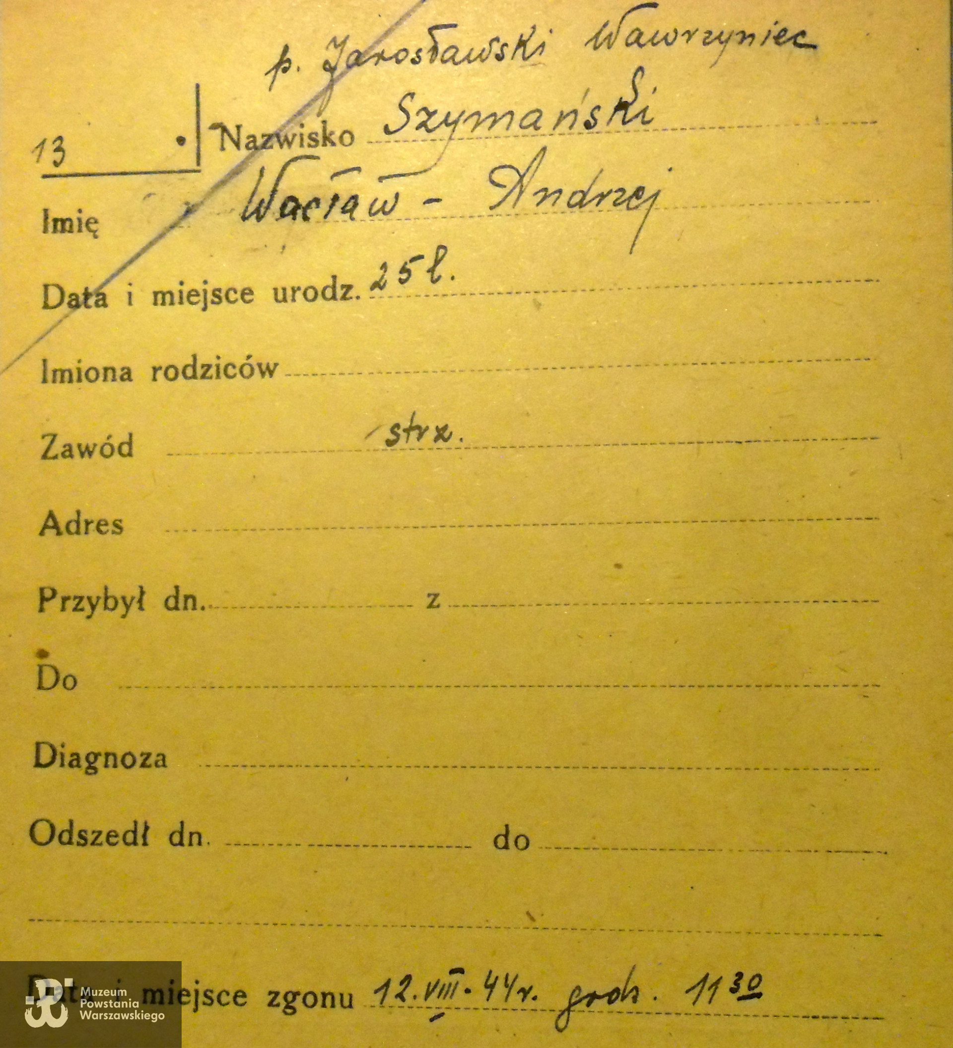 PCK - kartoteka: Wacław Szymański vel Wawrzyniec Jarosławski