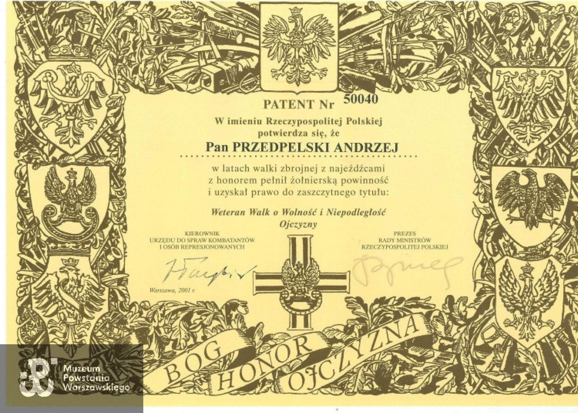 Patent "Weterana Walk o Wolność i Niepodległość Ojczyzny"