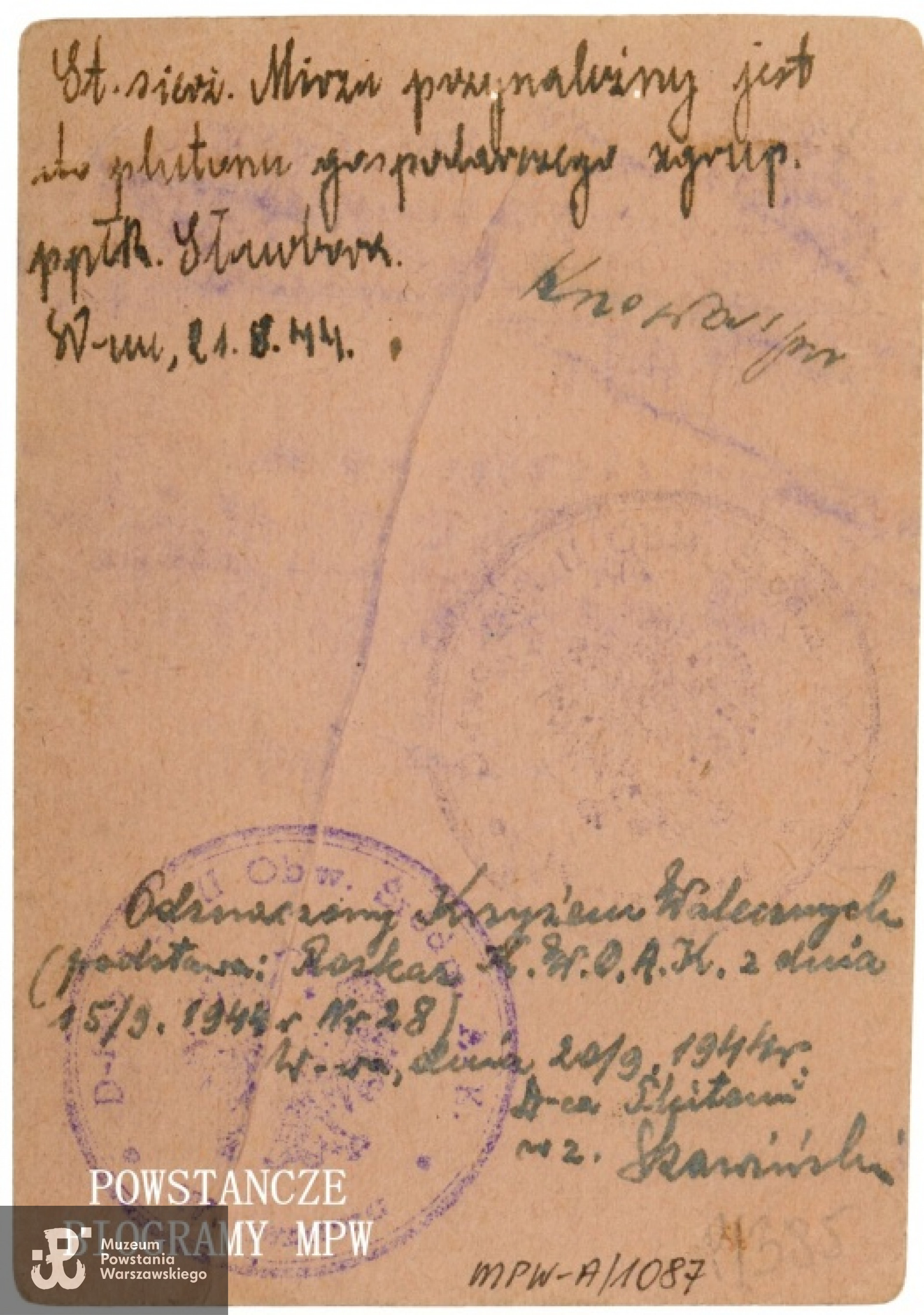 Legitymacja Armii Krajowej Nr 7865 wystawiona na nazwisko Bronisław Matuszewski st.sierż. ps."Mirza". Ze zbiorów Muzeum Powstania Warszawskiego, sygn. MPW-A/1087