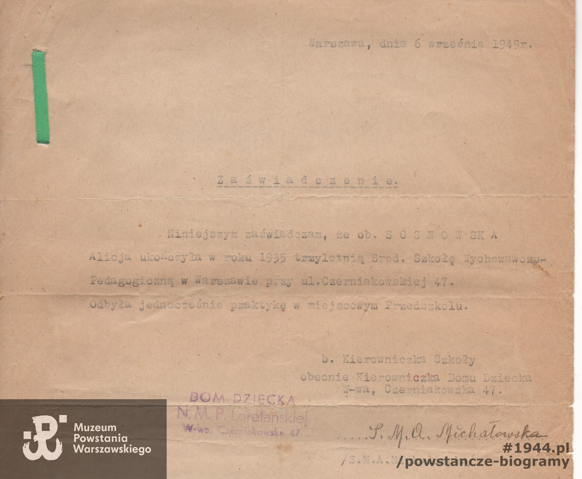  Zaświadczenie Szkoły  Wychowawczo-Pedagogicznej. Fot. archiwum rodzinne