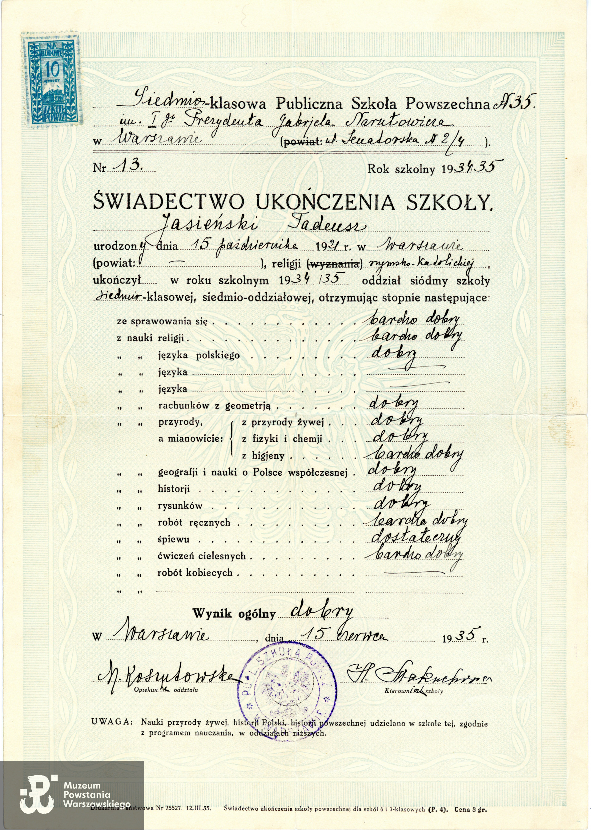  Świadectwo szkolne. Ze zbiorów rodzinnych p. Pauliny Rastawieckiej udostępniona za pośrednictwem p. Elizy Pelc. Skan wykonano w Muzeum Powstania Warszawskiego w styczniu 2024