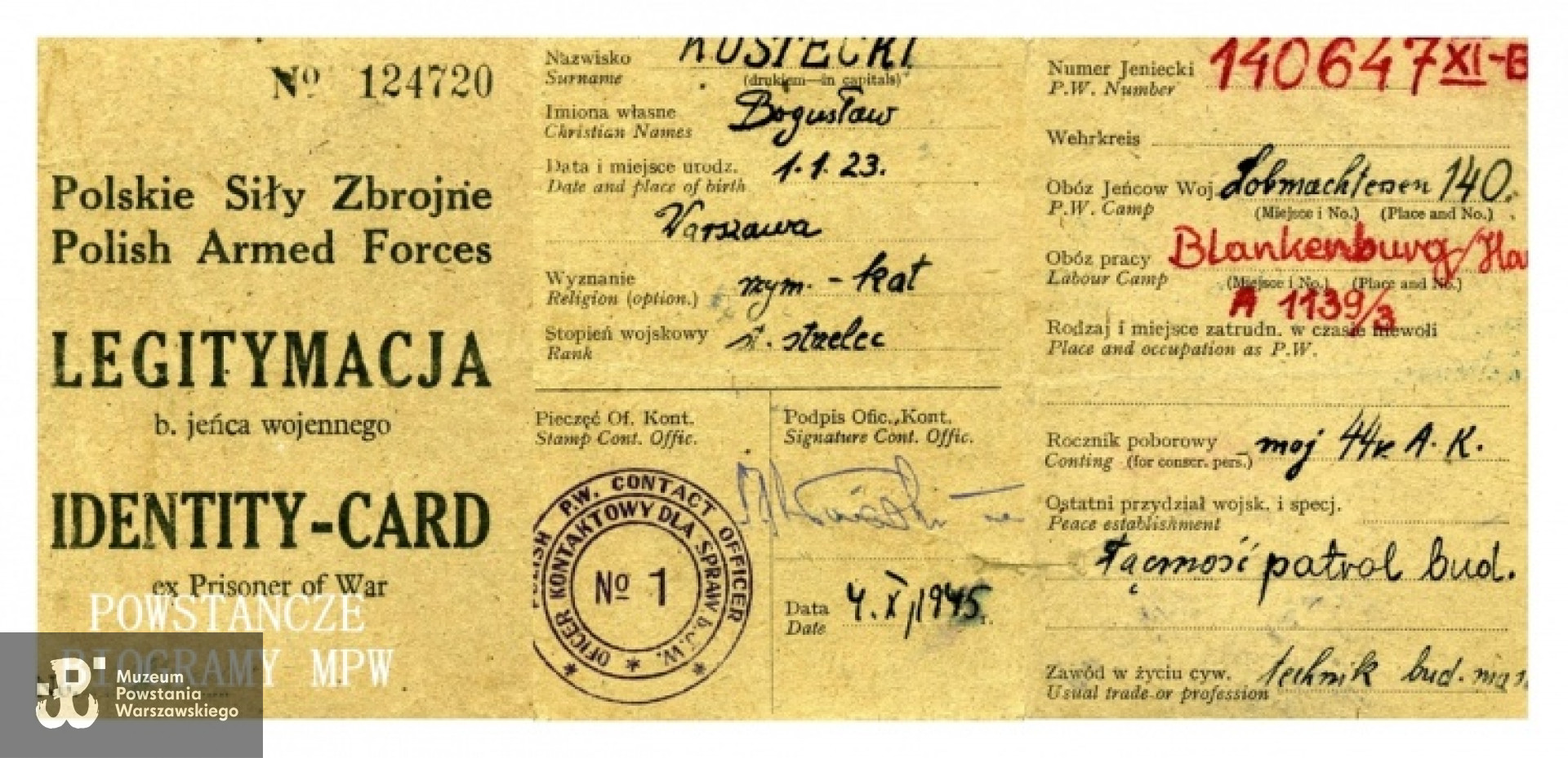 Legitymacja byłego jeńca wojennego - Polskie Siły Zbrojne, 4.10.1945. Z archiwum rodzinnego Konrada Kosteckiego