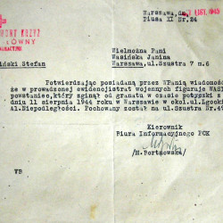 Pismo Biura Informacyjnego PCK z listopada 1945 roku do Janiny Wasińskiej.
