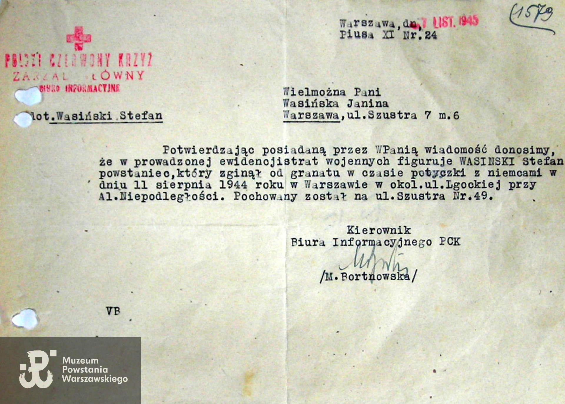 Pismo Biura Informacyjnego PCK z listopada 1945 roku do Janiny Wasińskiej.