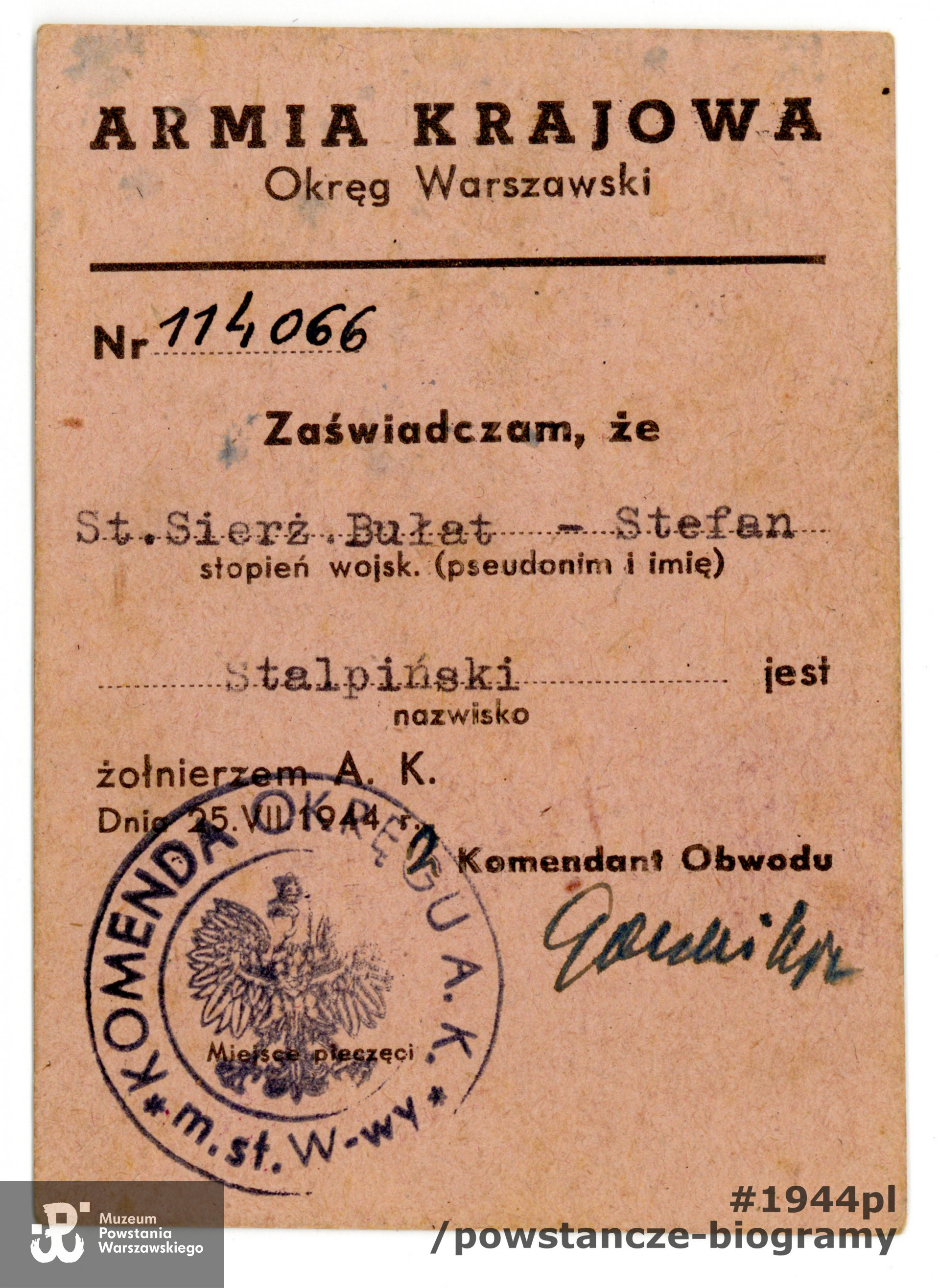 Należąca do Stefana Firmiana Stalpińskiego ps. Bułat legitymacja Armii Krajowej. Ze zbiorów Stefana Stalpińskiego, syna. Skan wykonany w Muzeum Powstania Warszawskiego, 02/2020