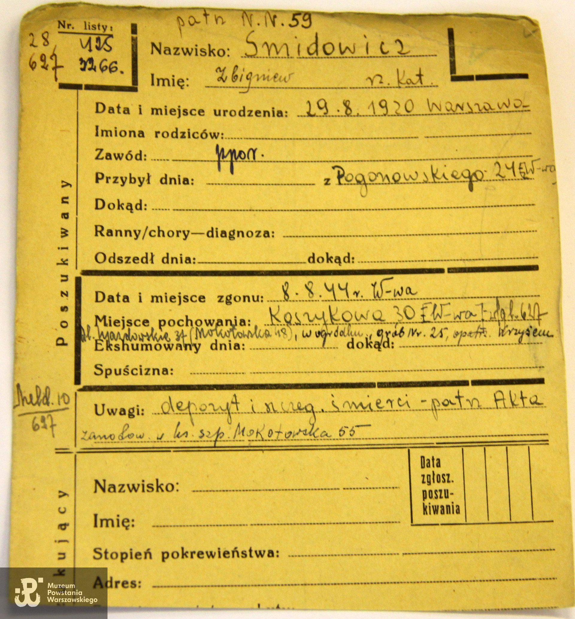 Polski Czerwony Krzyż - kartoteka ogólna Biura Informacji i Poszukiwań